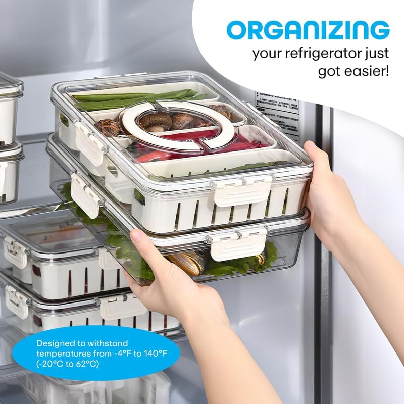 Image of Divided Fridge Storage Boxes With Serving Veggie Tray with Lid and Handle, Fridge Organizer with Removable Compartment, Fridge Storage Containers (4 Compartment-1PCS)