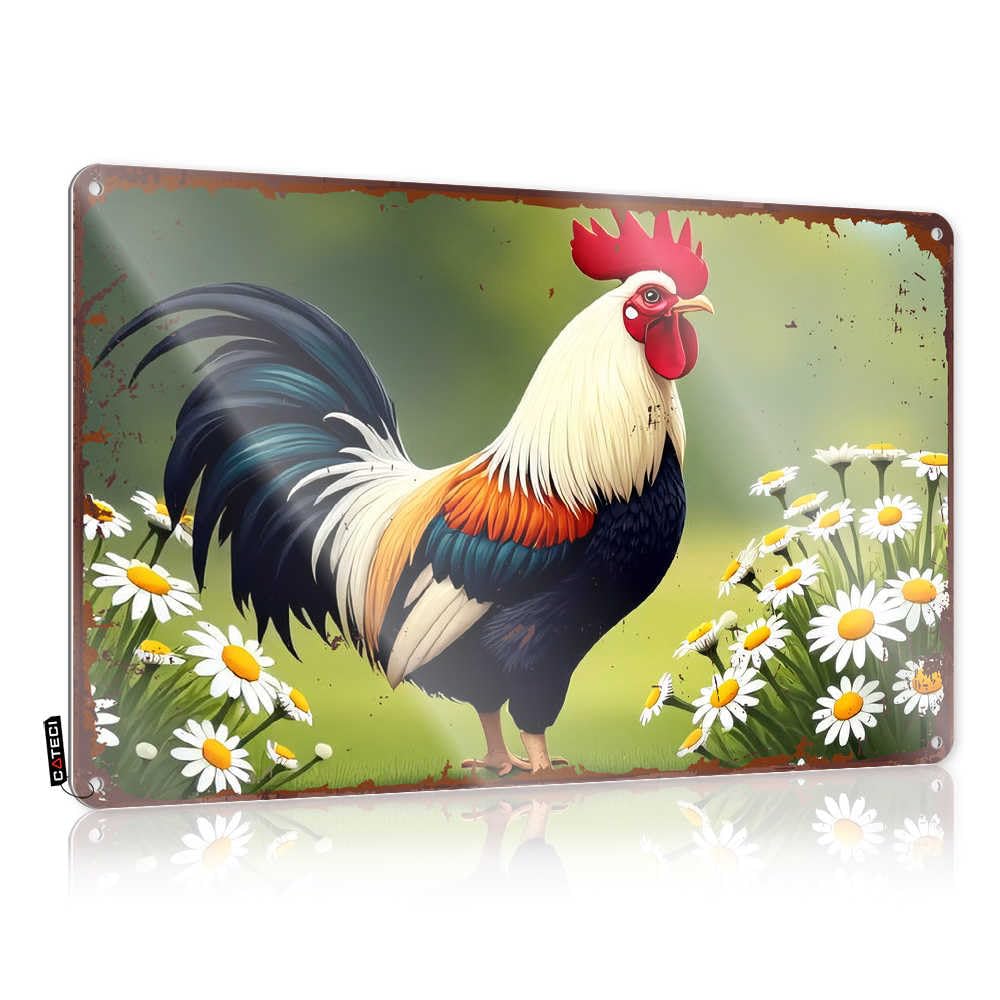 Fzfn Colour Funny Sign Fall Decor Outdoor Ready To Hang - A Rooster Amidst Daisy Flowers In A Pastoral Scene Custom For Cave(30X40cm)