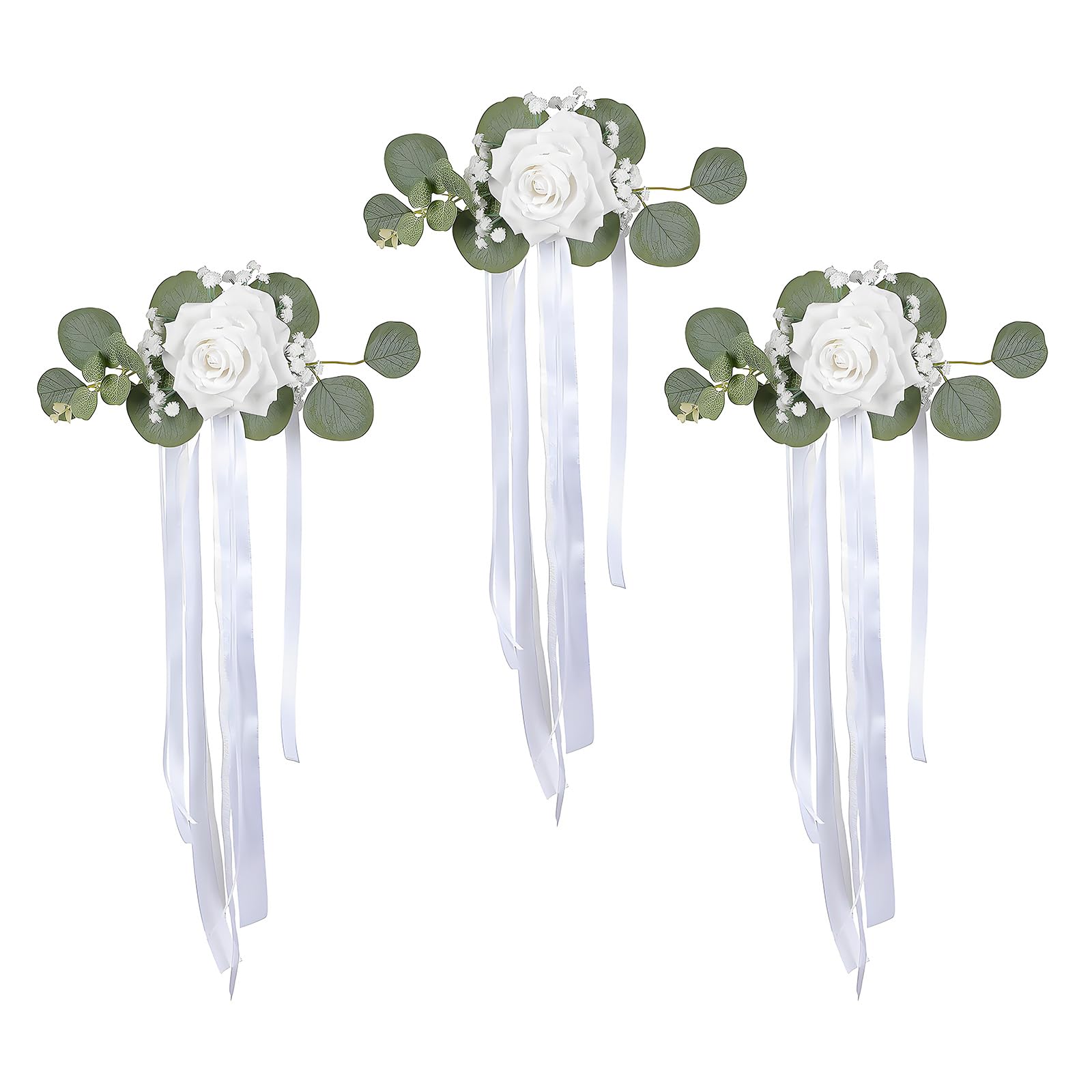 Rose Aisle Chair Decoration, Artificial Flower Accent with Greenery and Ribbon Tails for Wedding Vehicle Decor Artificial Rose Chair Decor Wedding Flowers Vehicle Floral Accent White Faux Flower Aisle