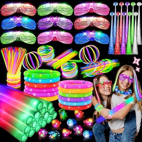DMIGHT Glow in the Dark Party Supplies, Glow Sticks Bulk Party Pack, Light up Glasses, Foam Glow Sticks, Neon Accessories, Party Favors for Kids Cover