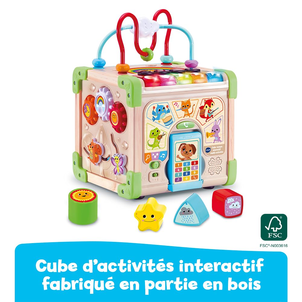 VTech - Cube Nature Interactif Multi Activité, Cube d’Activités Bébé, Jouet d'Éveil Sensoriel Partiellement en Bois, Trieur de Formes, Piano Lumineux, Cadeau Bébé Dès 9 Mois - Contenu en Français