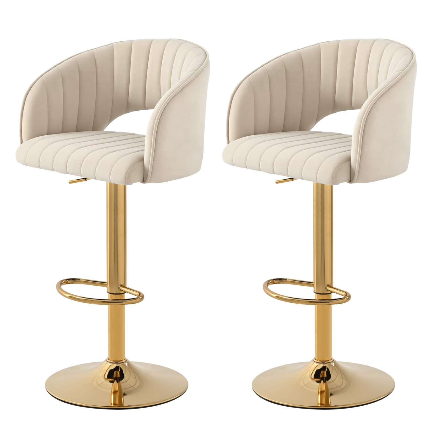 Velvet Bar Stools Set of 2, Height Adjustable with Backrest and Armrests, 360° Swivel, Kitchen Stool, Barber Stool, Gold Footstool for Dining Room, Island
