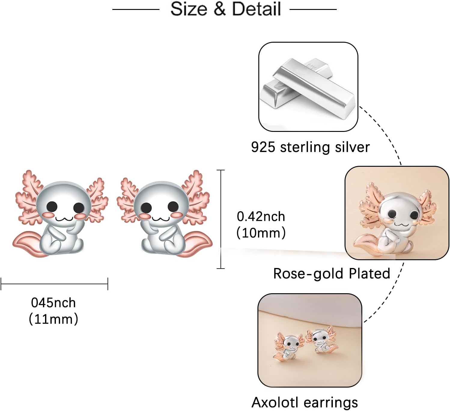Cute Axolotl Earrings for Women - 925 Sterling Silver Axolotl Stud Earrings Cute Animal Earring Stud Hypoallergenic Jewelry Gifts for Women - Image 6