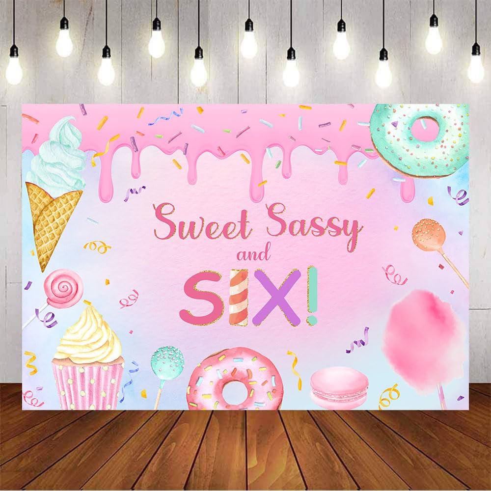 Aumeko 7x5ft Girl Candy 6th Birthday Backdrop Sweet Sassy and Six Sweets Donut Ice Cream Cupcake Summer Birthday Background Girls Bday Party Backdrops