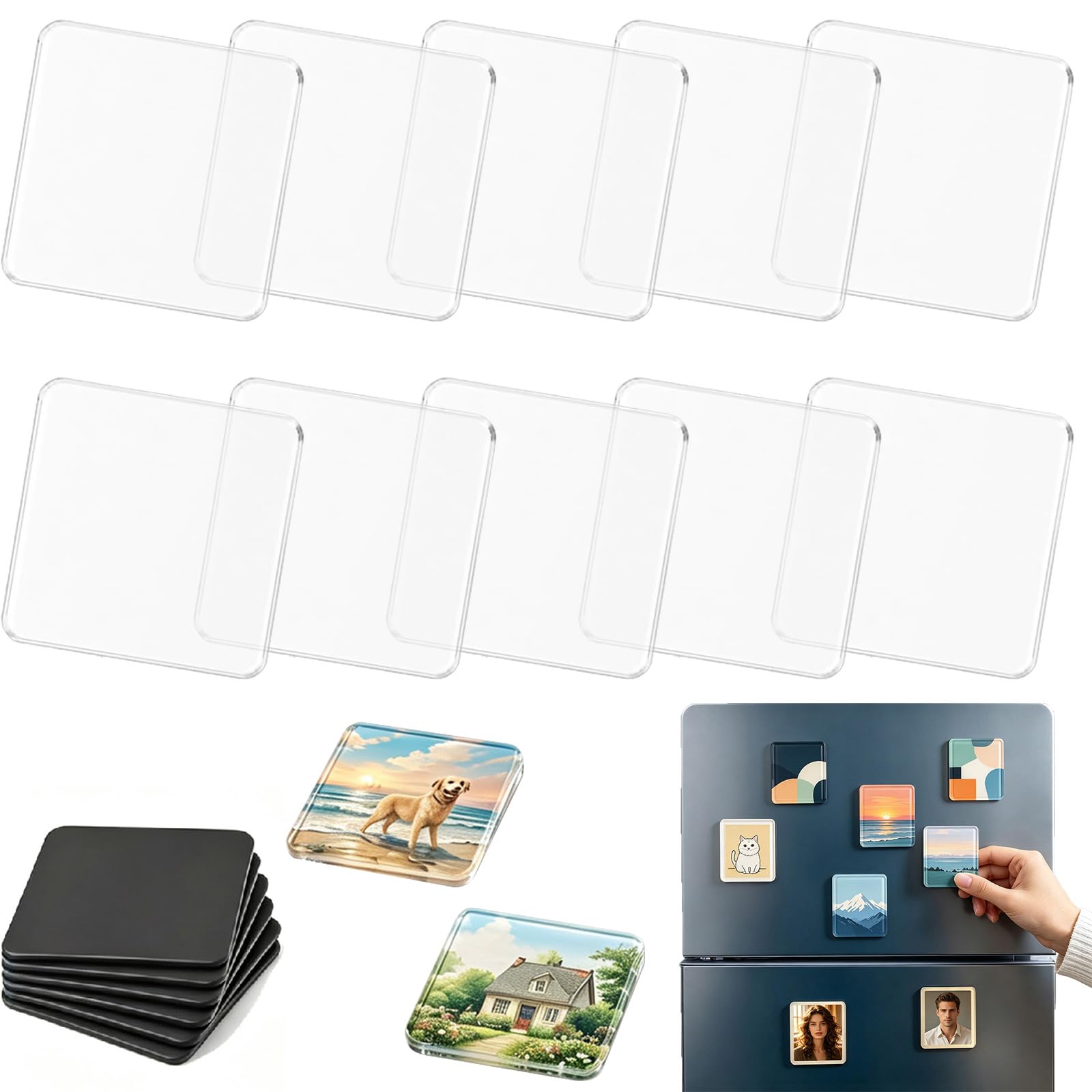 Acrylic DIY Fridge Magnet Kit, Magnetic Photo Frame Kit with Adhesive Backing, Blank Refrigerator Picture Frames for Photos, Crafts, Kitchen, Classroom, Office & Party Decoration，Square：10pcs