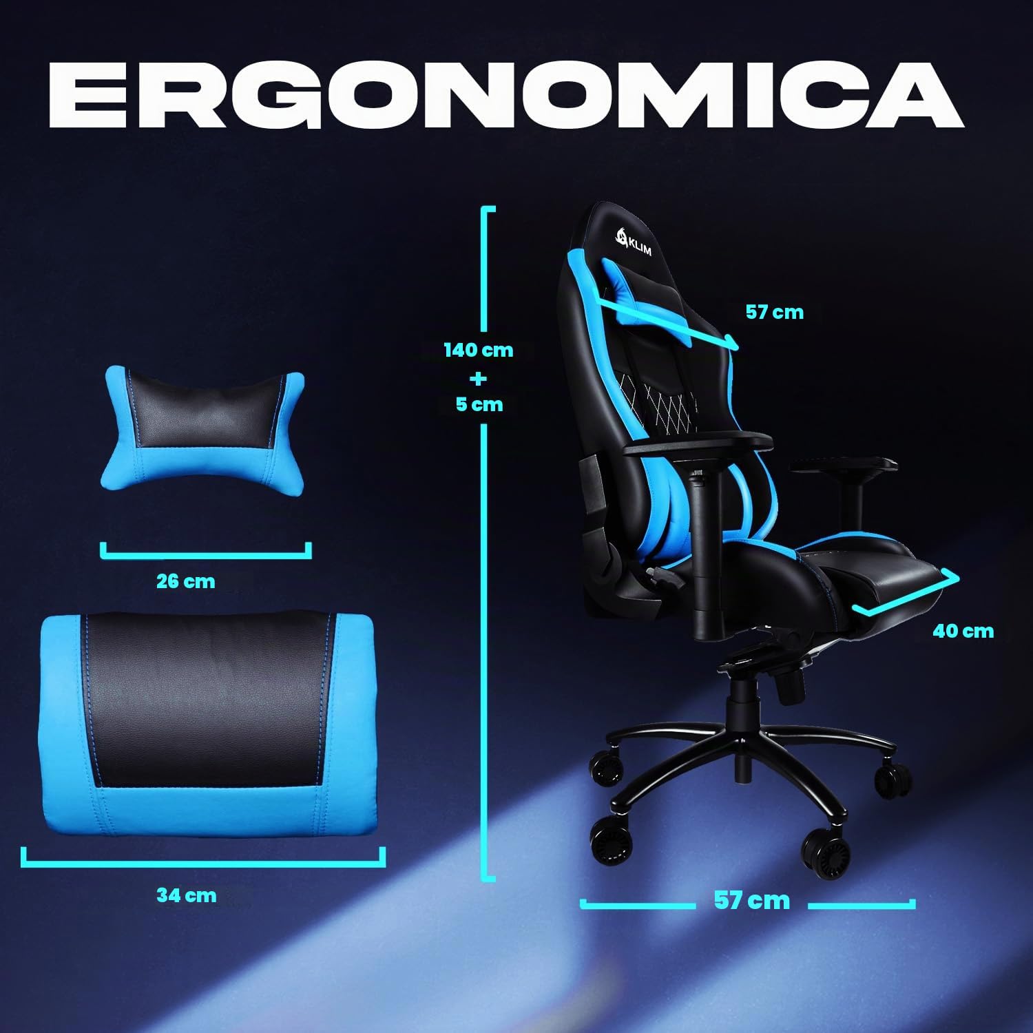 KLIM eSports - Sedia gaming blu di Alta Qualità + Supporto Lombare e Cervicale + Reclinabile + Poltrona Gaming Ergonomica e Regolabile + Pelle Sintetica e Materiali Premium [NUOVA VERSIONE]