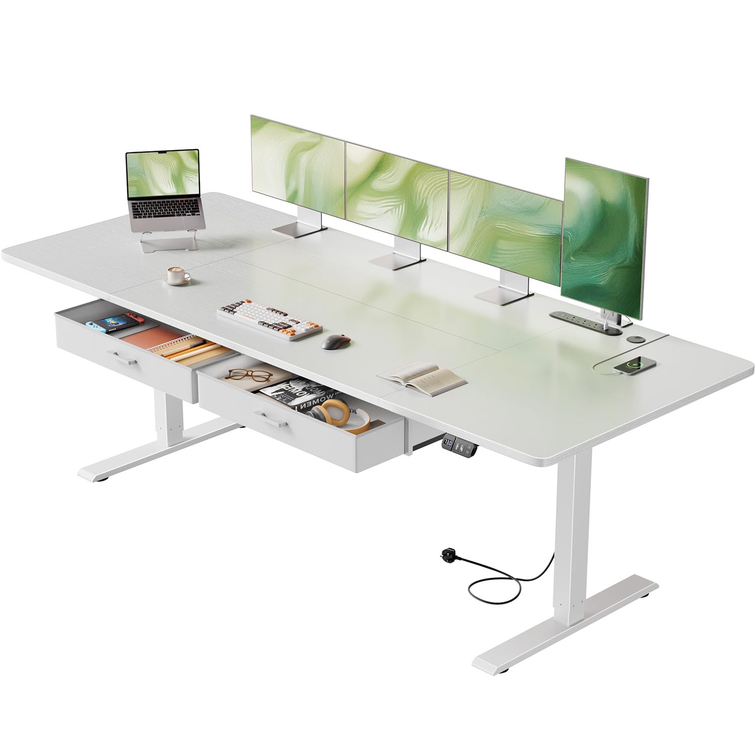Precision Synergie Electric Standing Desk with 2 Drawers, 200 x 80 cm Height Adjustable Standing Desk with Power Outlets and USB Ports, Sit Stand Table with Memory Smart Pannel for Home Office, White