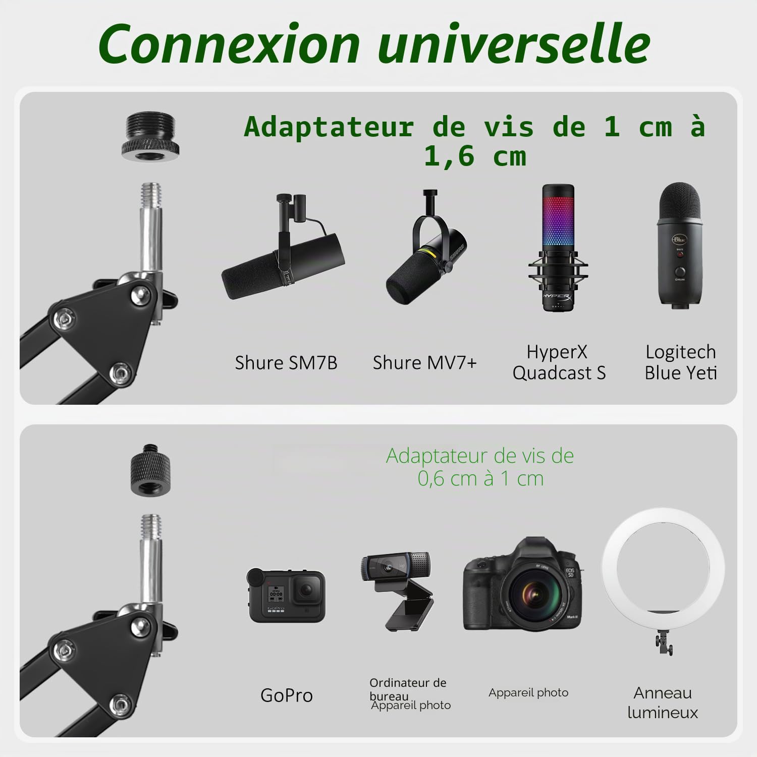 Bras Micro Réglable en Hauteur avec Barre D'extension Surélevée Support Microphone pour Shure SM7B, Blue Yeti, HyperX QuadCast S et Autres Microphones