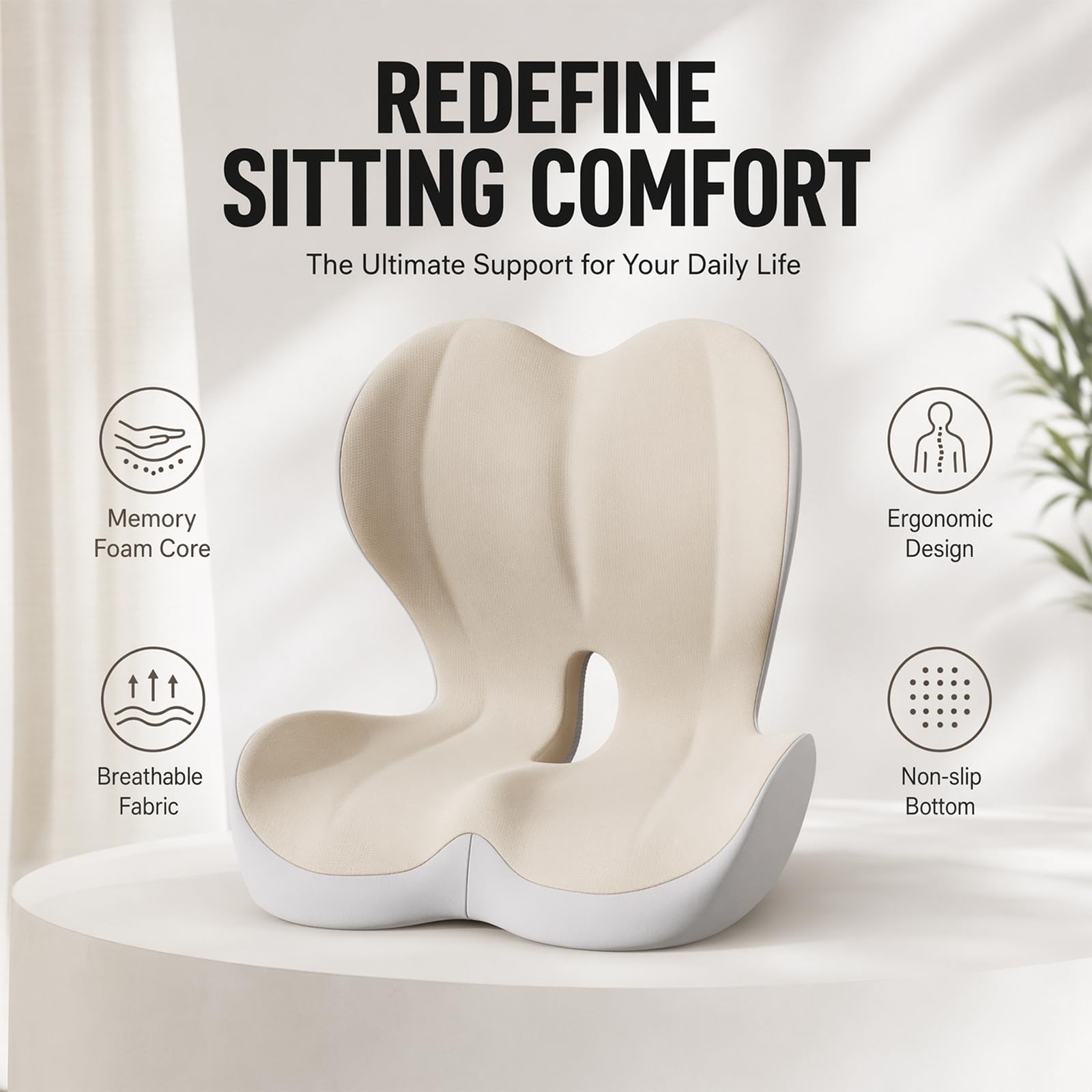 Sitzkissen Orthopädisch, Ergonomisches Sitzkissen mit Rückenlehne, Memory Foam L-förmige Integrierte, Steißbeinkissen, Sitzpolster für Bürostuhl, Rollstuhl & Auto Ischias (Beige)