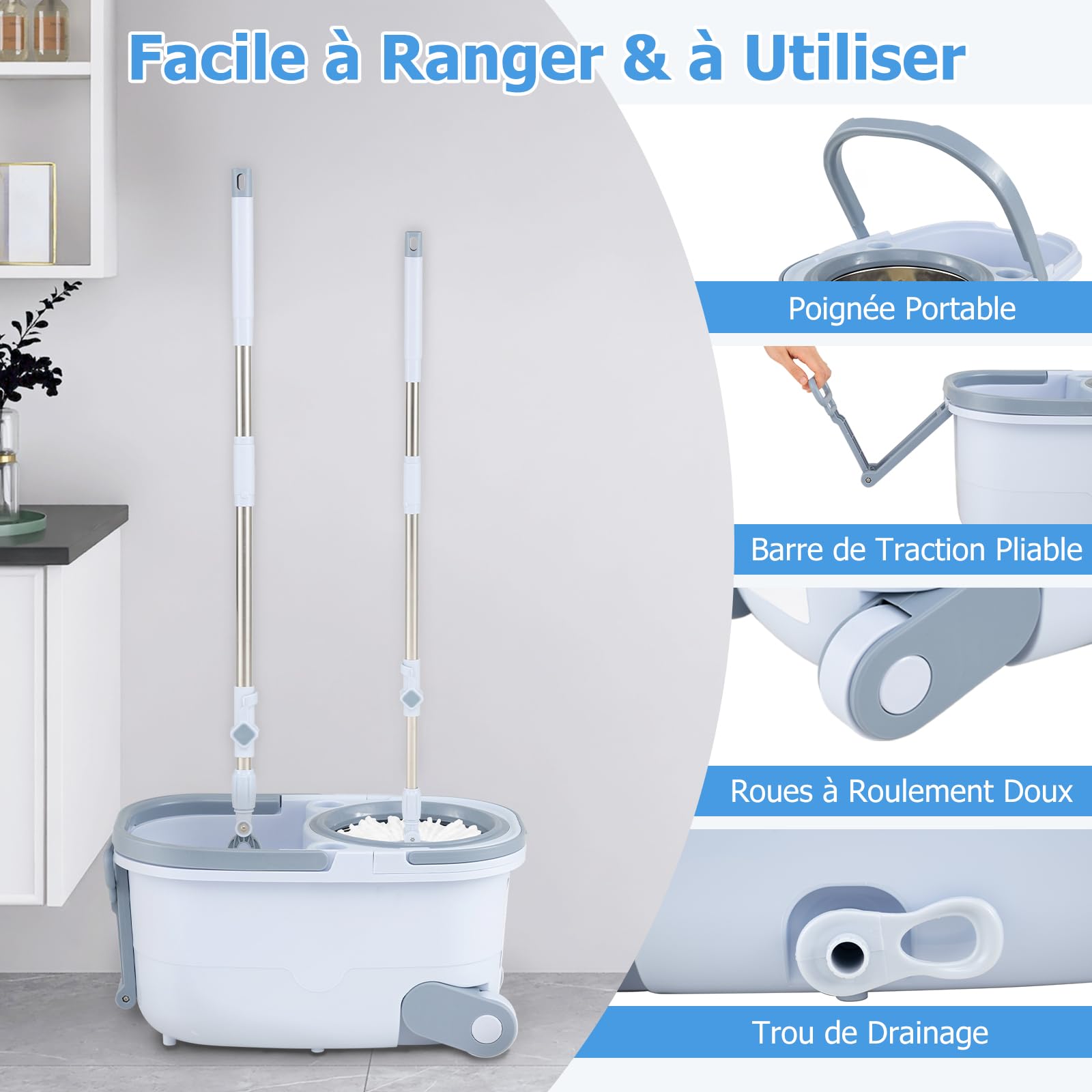 COSTWAY Ensemble Serpillère et Seau, Lavage Mains Libres avec Double Seau, Serpillère Rectangulaire & Serpillère Ronde, 2 Tampons, Serpillère de Nettoyage en Profondeur à 360° pour Sols, Murs, Maison