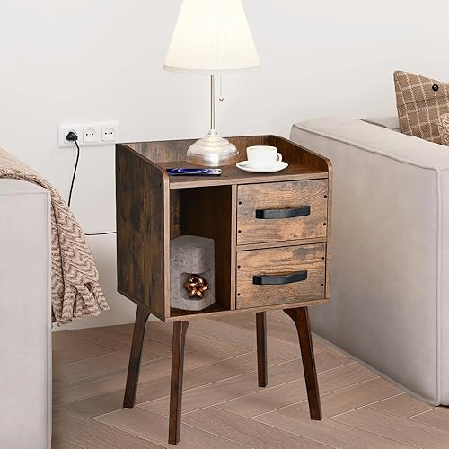 Miniatura 6 de Youmechi Nightstand, Mid-Century Modern Night Table with Solid Wood Legs and 2 Wooden Storage Drawers, Industrial Bedside Table, Rustic Brown Night