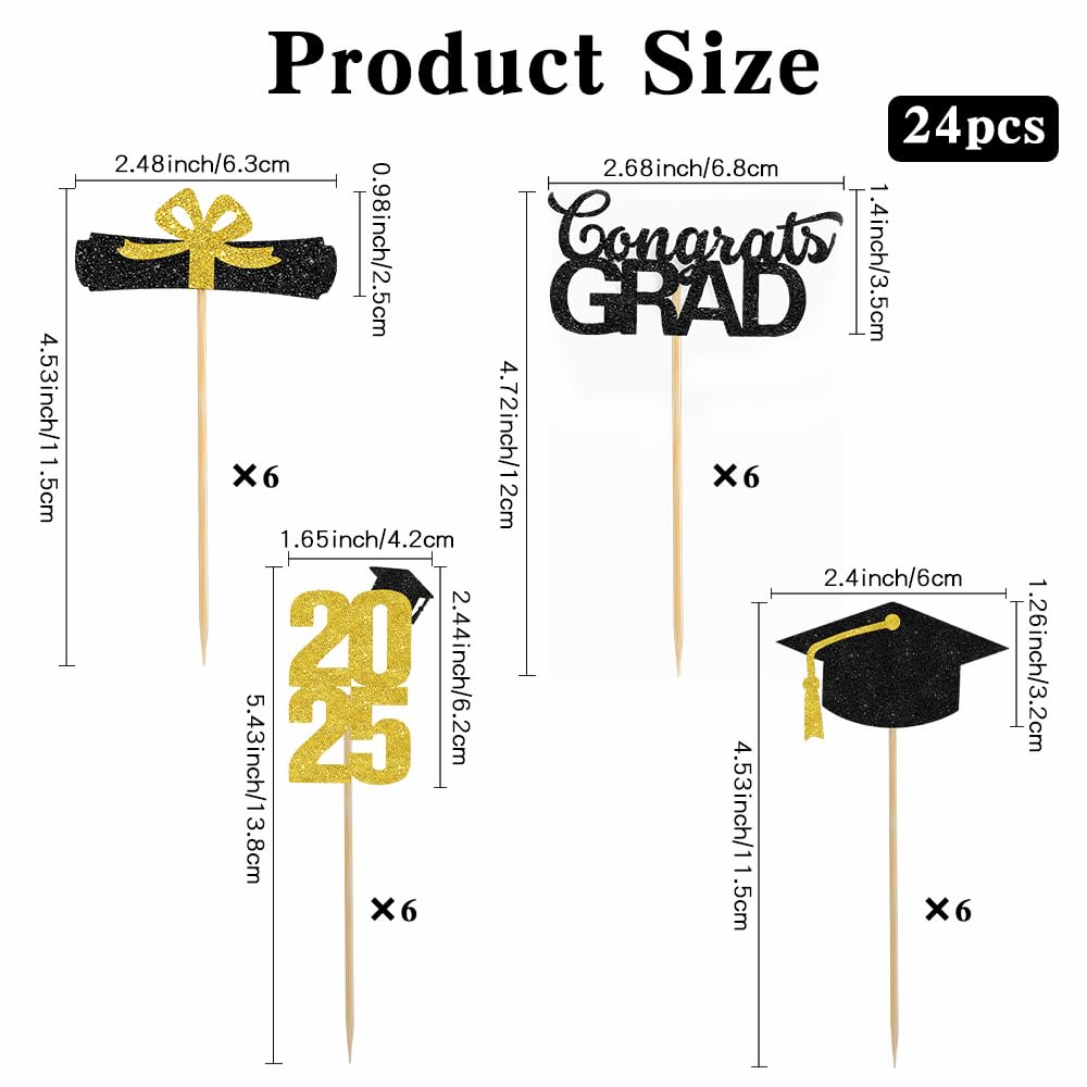 Graduation Cupcake Toppers 2025, 2025 Graduation Party Decorations, 24 PCS Glitter Class of 2025 Cake Toppers, Gold Congrats Grad Cap Diploma Cupcake Picks Food Picks for Graduations Party Decorations