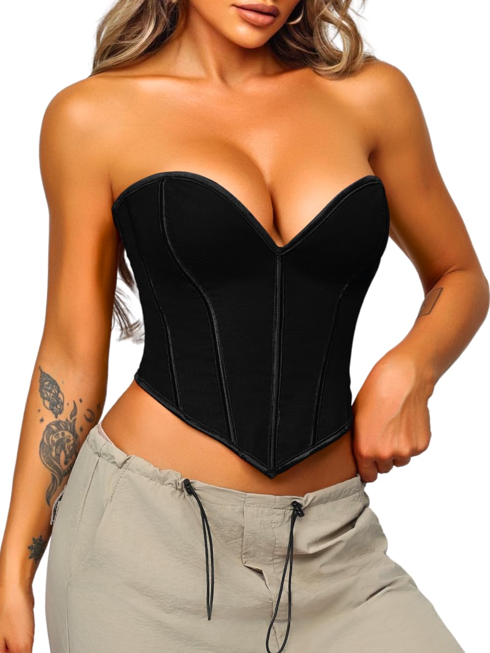 ChiaoLezhee Heart Corset Top For Women Sexy Concert Outfits Going Out Strapless Crop Top Overbust Bustier
