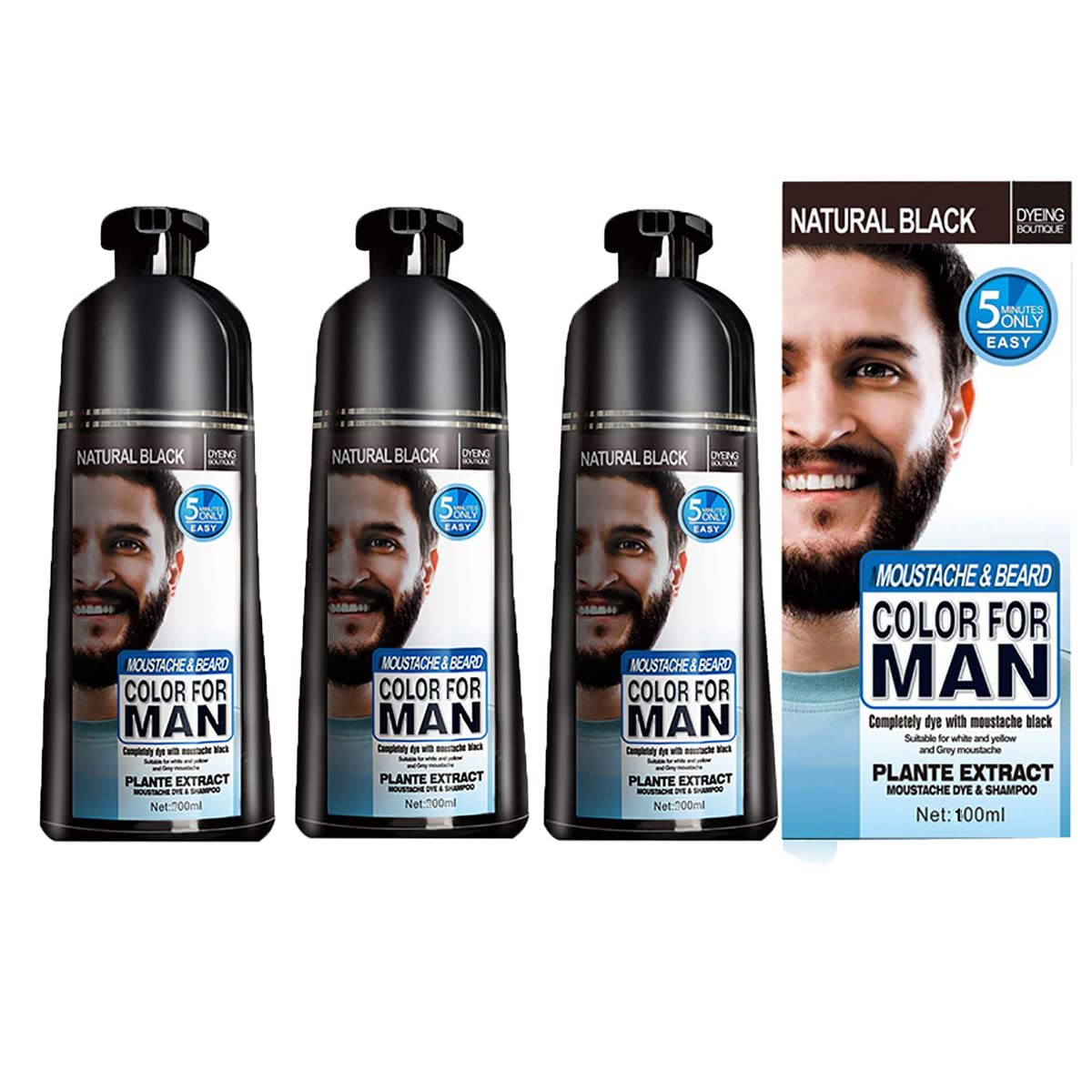 Tinte negro para barba para hombres, bigote y barba para cabello gris, champú instantáneo para barba, fácil aplicación, dura 30 días, ingredientes naturales, cuidado de la barba (3 piezas)