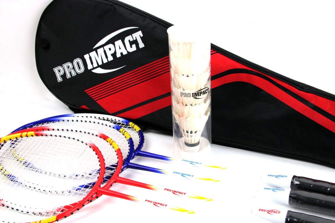 Set da badminton con testa in alluminio e asta in acciaio, include racchette, volani con piume e custodia per il trasporto, giochi all'aperto per bambini, adulti e famiglia (4 racchette, 6