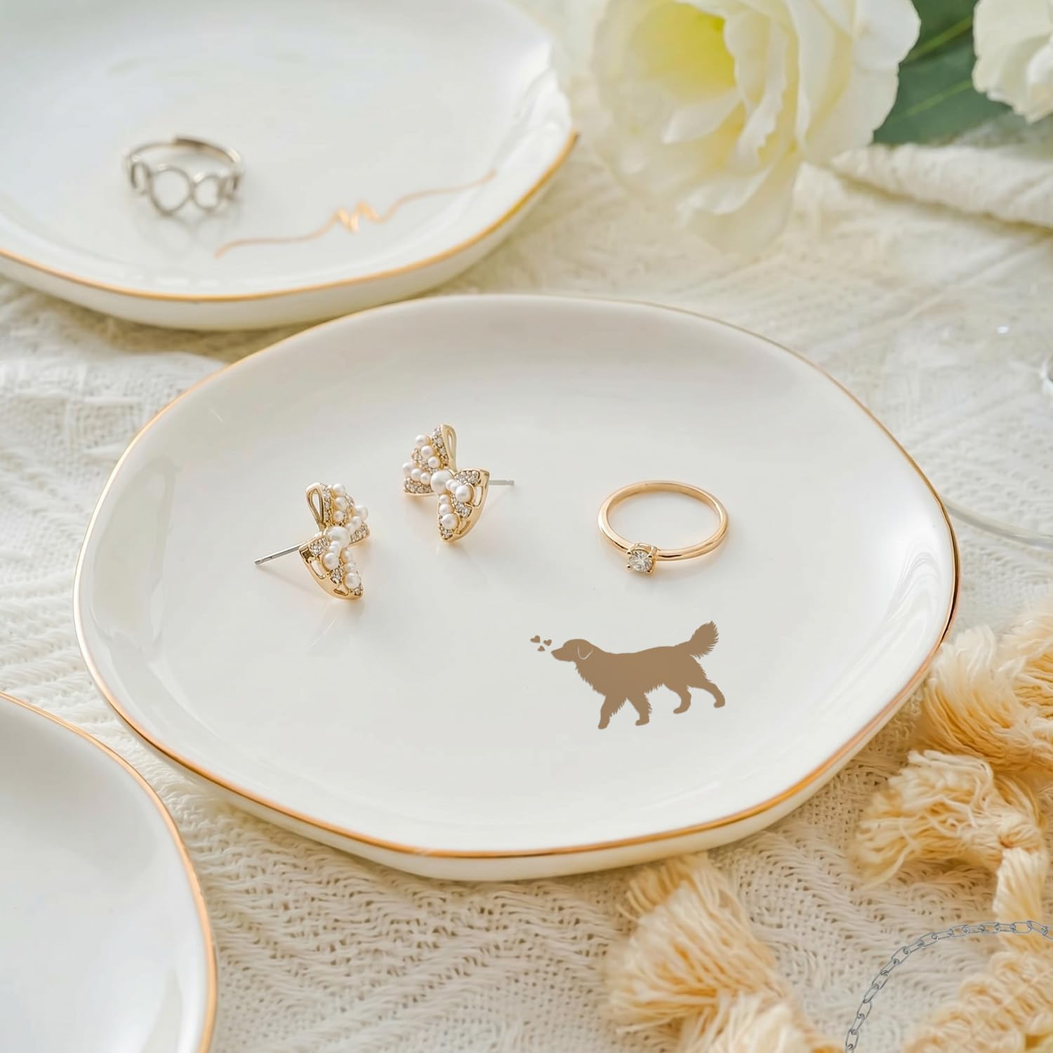 Golden Retriever Jewelry Dish Tray for Dog Lover,Ceramic Trinket Tray, Key Bowl, Decorative Plate 4.7 in