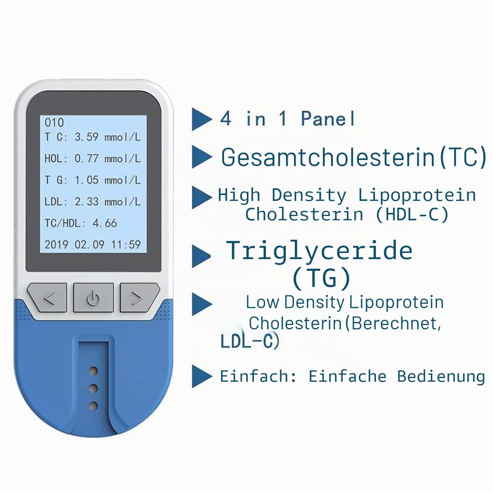 Cholesterin-Testgerät, Multifunktionales Lipid-Messgerät-Set, 5-in-1 Für TC, TG, LDL, HDL, Blutfett-Tester Mit 25 Teststreifen, 200 Speicherplätze Für Messwerte, Schnelle Ergebnisse