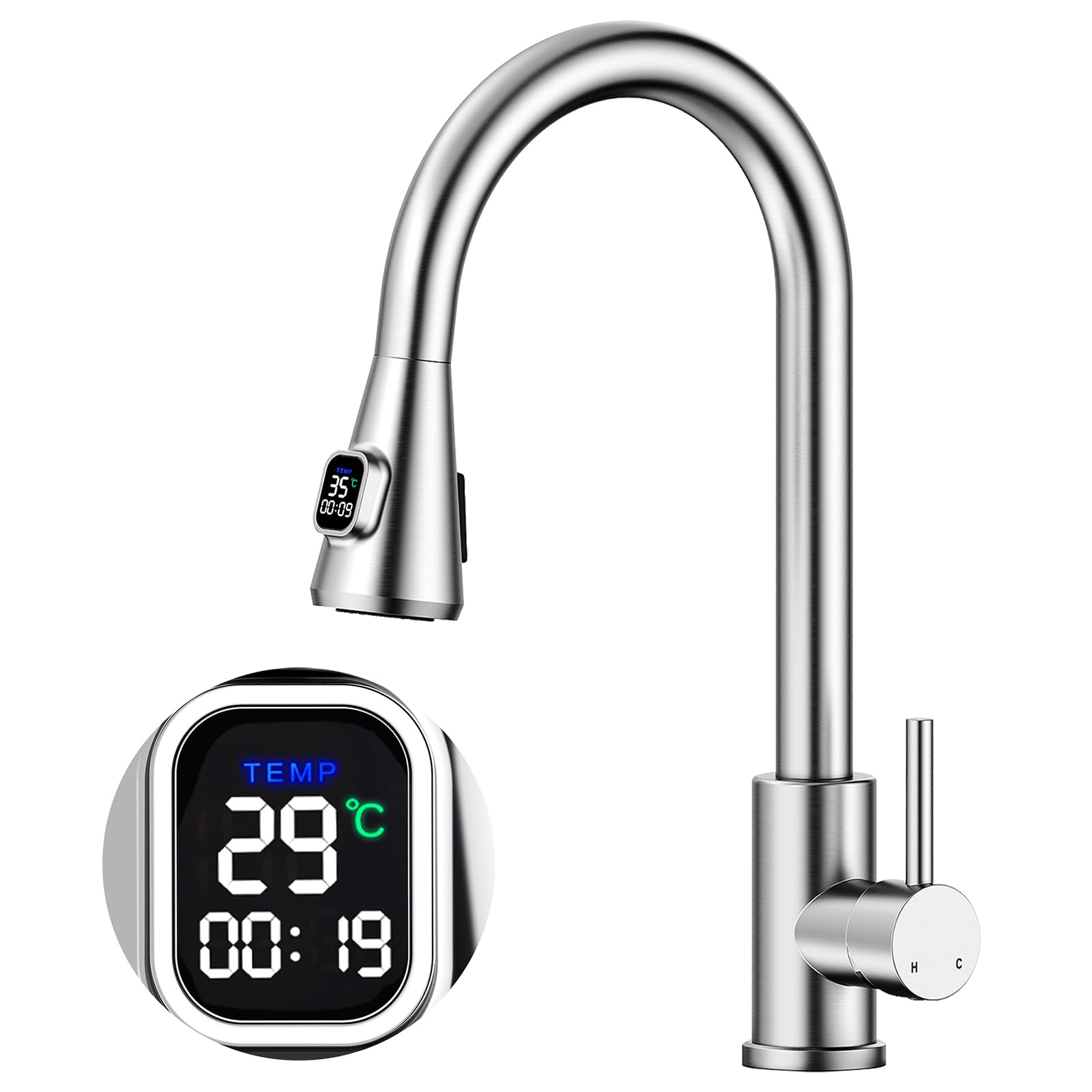 HOMELODY Wasserhahn Küche mit LED Temperaturanzeige, Küchenarmatur Ausziehbar, Hochdruck Mischbatterie Spültischarmatur aus Edelstahl mit 2 Strahlarten, Einfache Installation