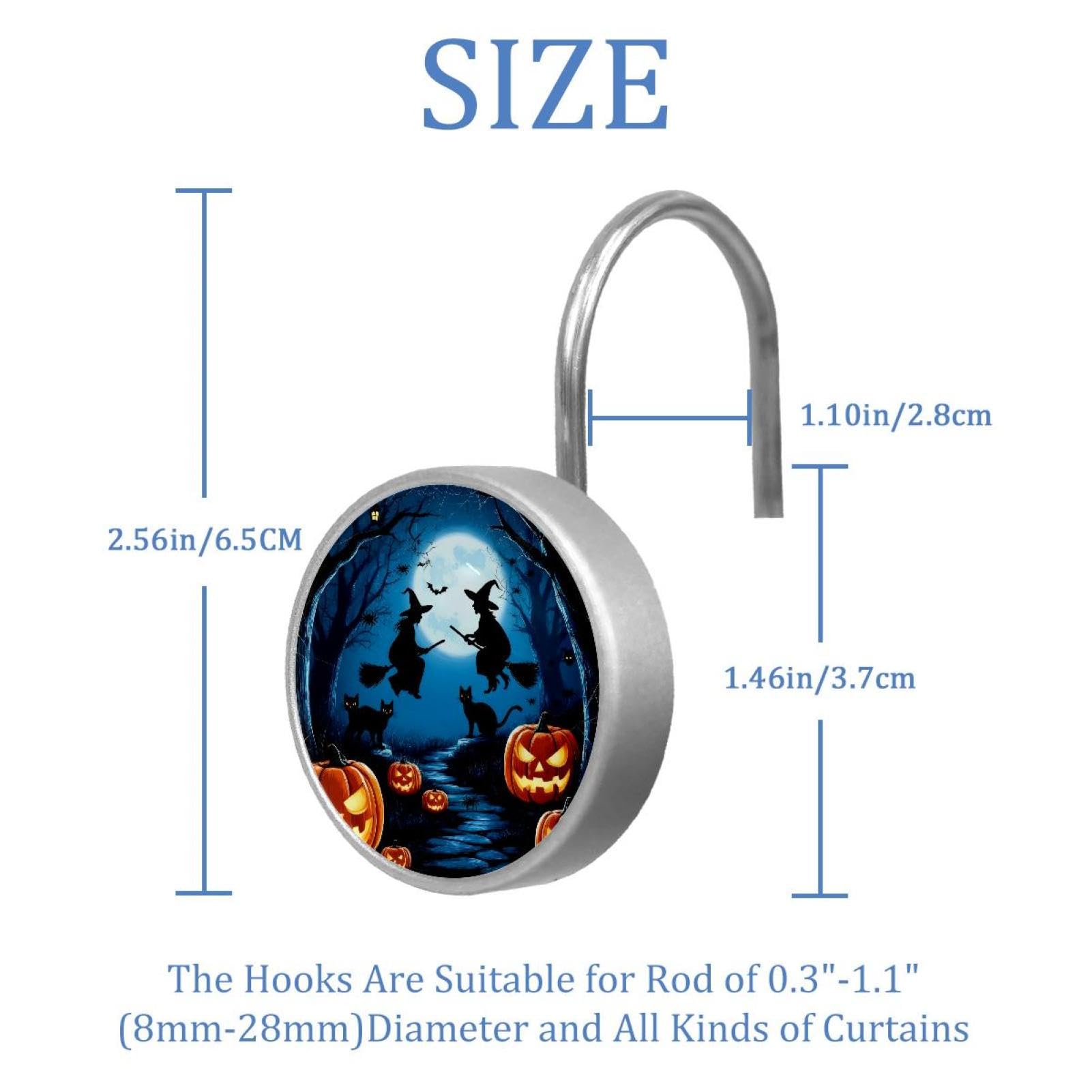 12pcs Glass Shower Curtain Hooks, Rust Resistant Decorative Shower Rings for Bathroom Living Room,Stainless Steel Hooks for Shower Curtain and Liner Rods (Witch Pumpkin Forest)