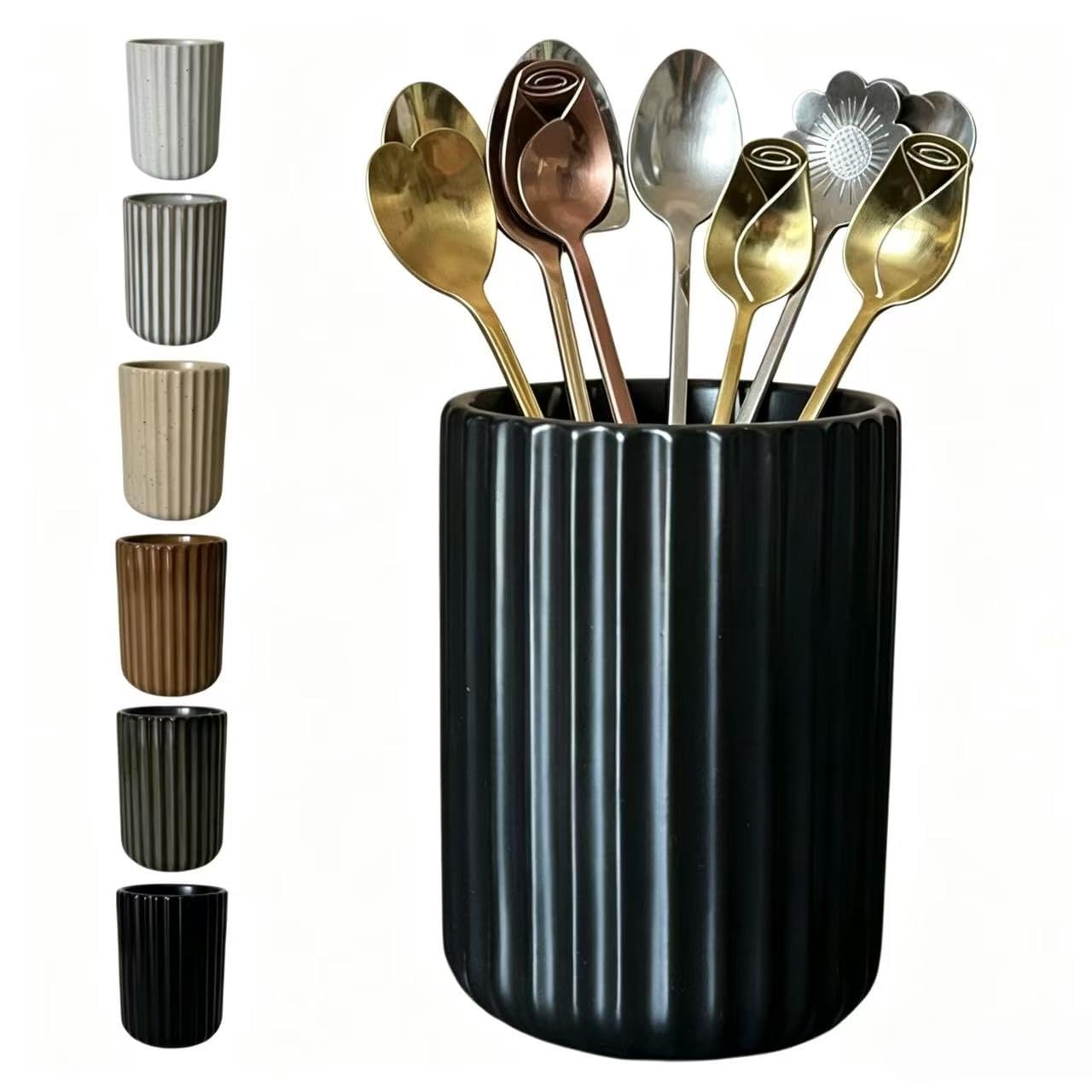TOPYOKK Stoneware Coffee Bar Utensil Holder Tea & Coffee Spoon & Stirrer Holder for Stir Stick Straw Teaspoon Holder Espresso Spoon Cup Small Utensil Jar Fluted Vertical Stripe (Matte Black) — image 1