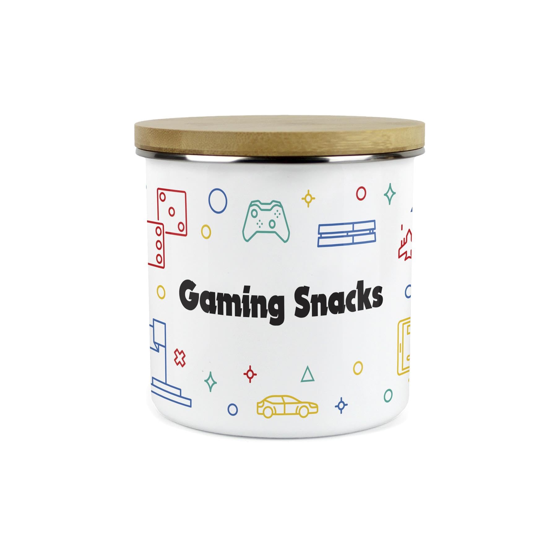Purely Home Gamer Snacks Storage Canister - Gaming Themed Homewares Gifts for Gamers - White Metal Enamel Food Storage Container Pot Present