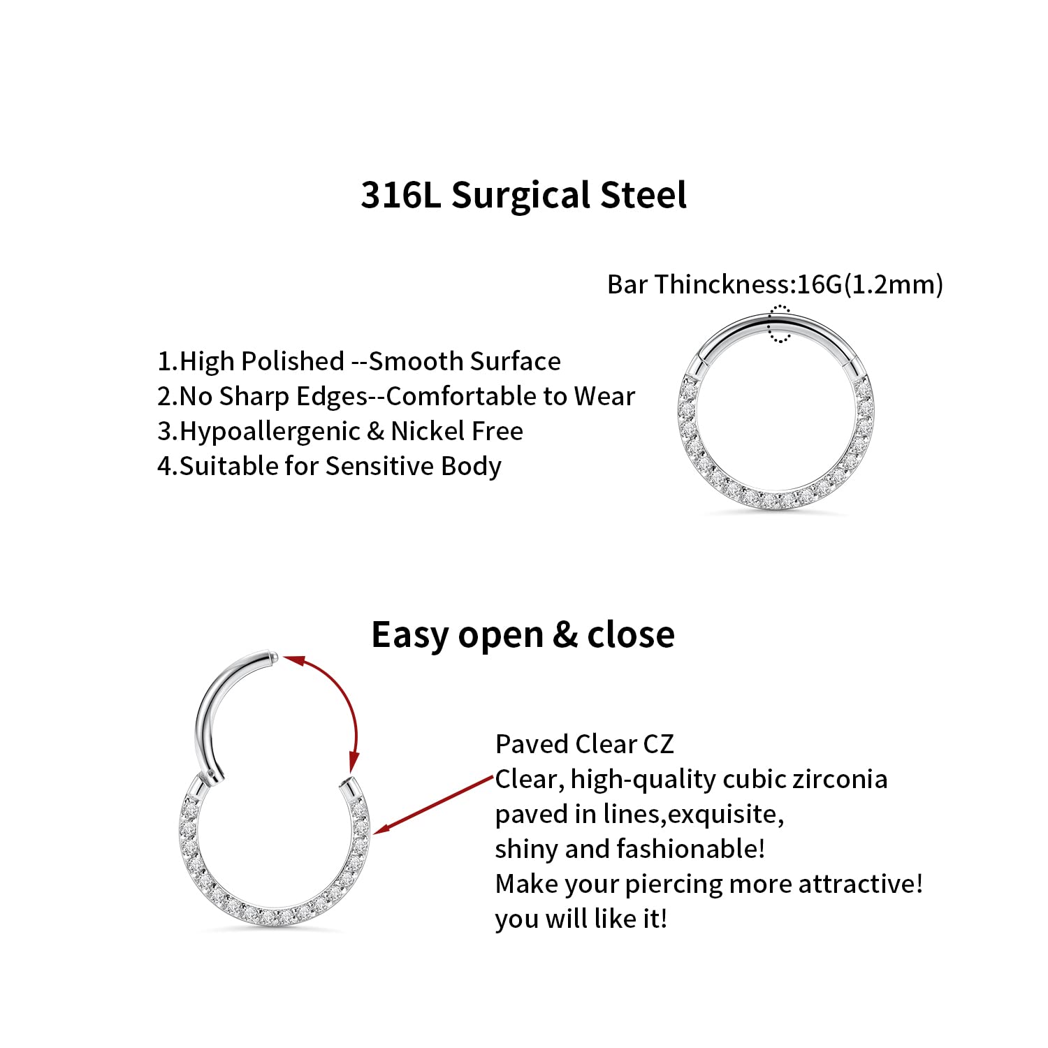 hengkaixuan CZ Opal Septum Jewellery Daith Ring Conch Hoop Seamless Clicker Ring Surgical Steel Rook Tragus Conch Piercing Jewellery Small Hoop Earring Nose Hoop Ring — view 3