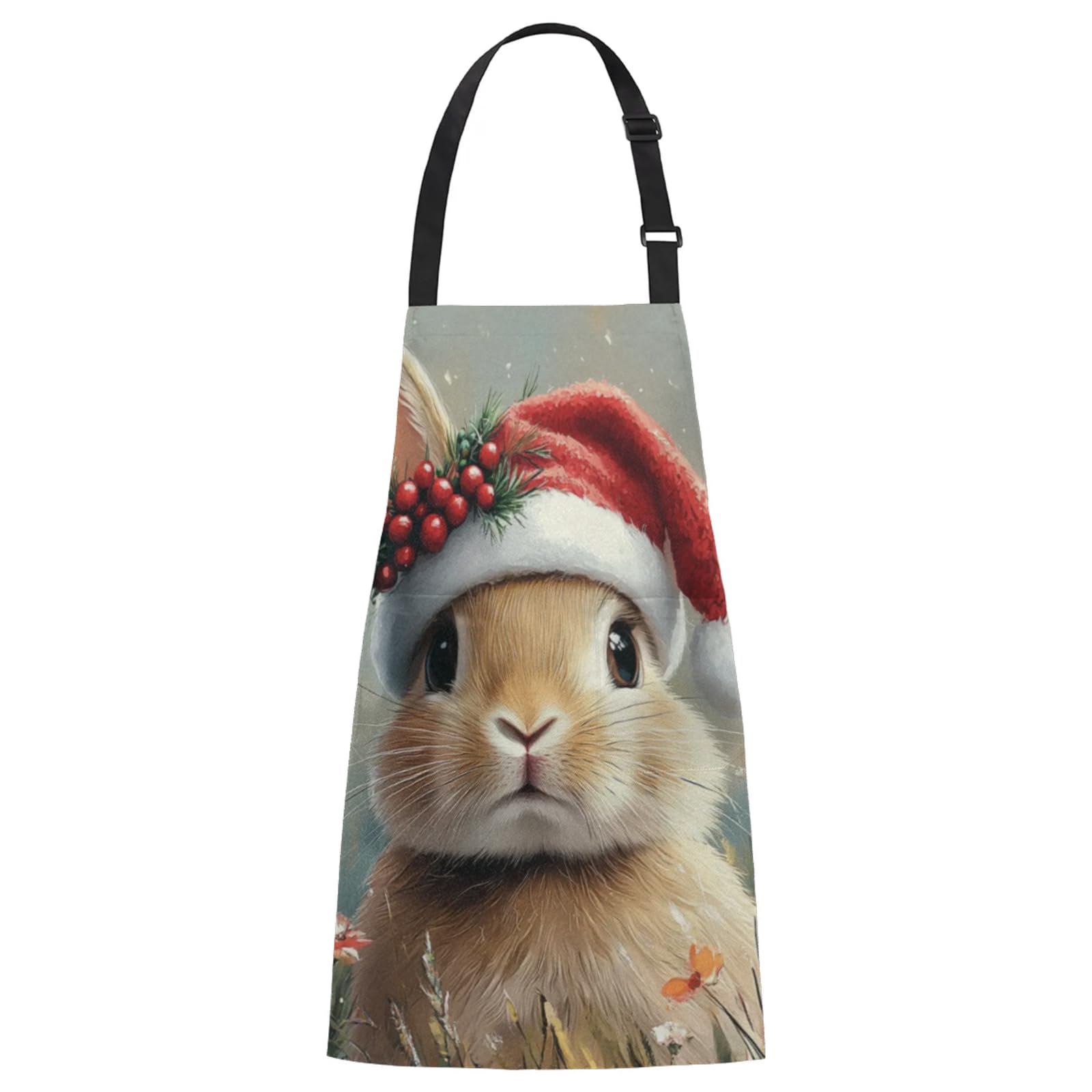 Aglebo Christmas Rabbits Flowers Chef Apron with Pockets Adjustable Shoulder Strap Waterproof Cooking Apron for Kitchen Baking Gardening Pottery Painting