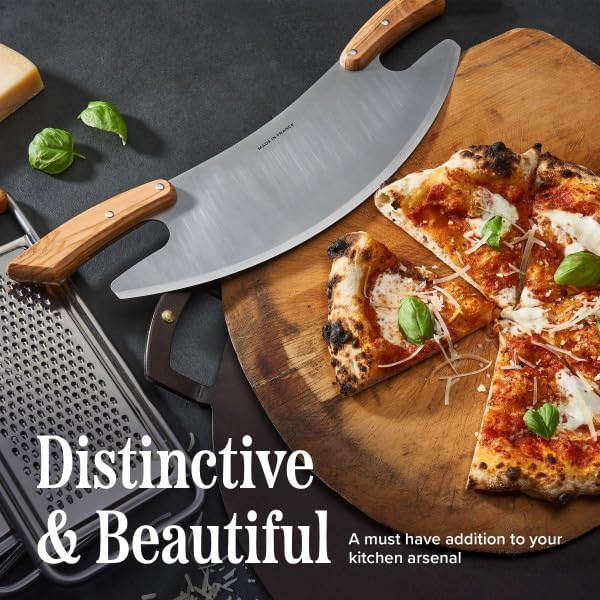 Miniatura 3 de Cortador de pizza de 17 pulgadas, cortador de acero inoxidable con asas dobles de madera de olivo para un fácil corte, picadora grande Mezzaluna -
