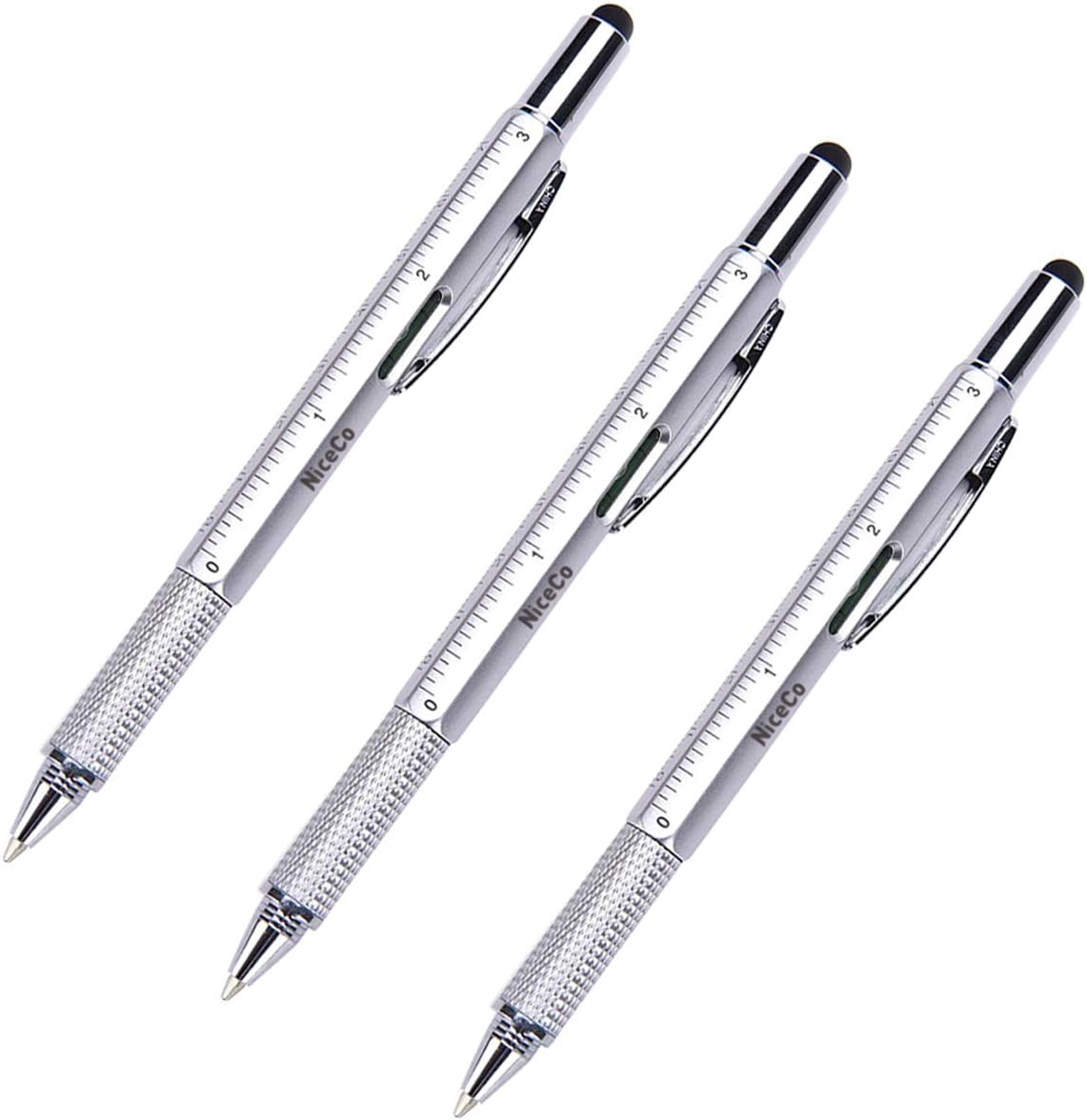 NiceCo 3-Pack 6-in-1 Touch Screen Stylus, Multifunction Tool Pen, 3" Ruler, Ballpoint Pen, Flathead/Phillips Screwdriver, Level Gauge, Combo DIY Tool Kit for iPad Tablet Smartphone (Silver)