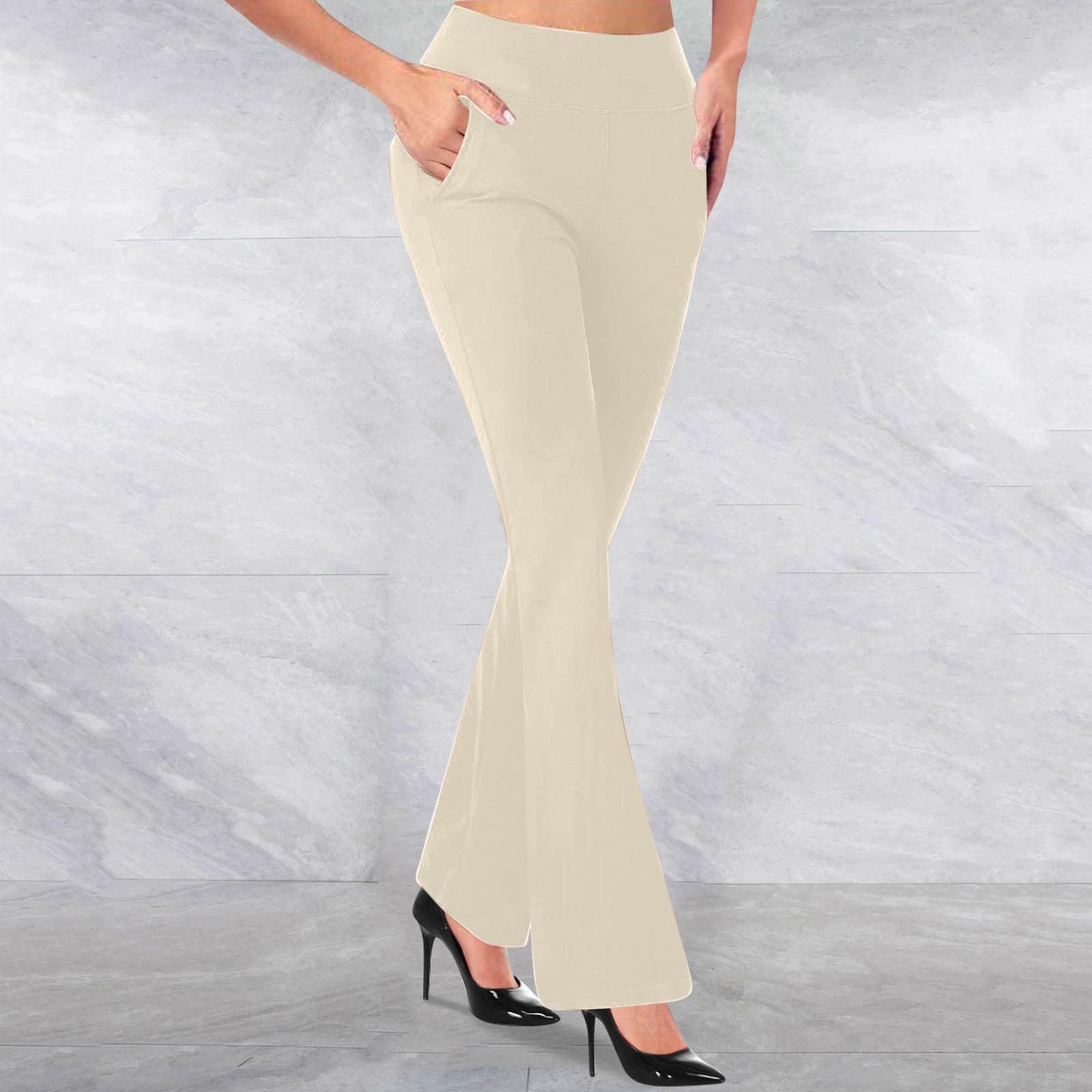 Women Bootcut Work Pants Trendy Business Casual Trouser Solid Yoga Workout Slacks High Waist Stretch Leg Office Pant(C-Beige,X-Large)