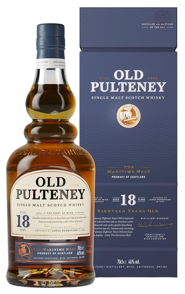 Old Pulteney 18 Year Old Single Malt Scotch Whisky, 46% ABV, 70cl, Highland Coastal Style, Matured in Ex-Bourbon & Oloroso Sherry Casks, Distilled & Aged by the Sea