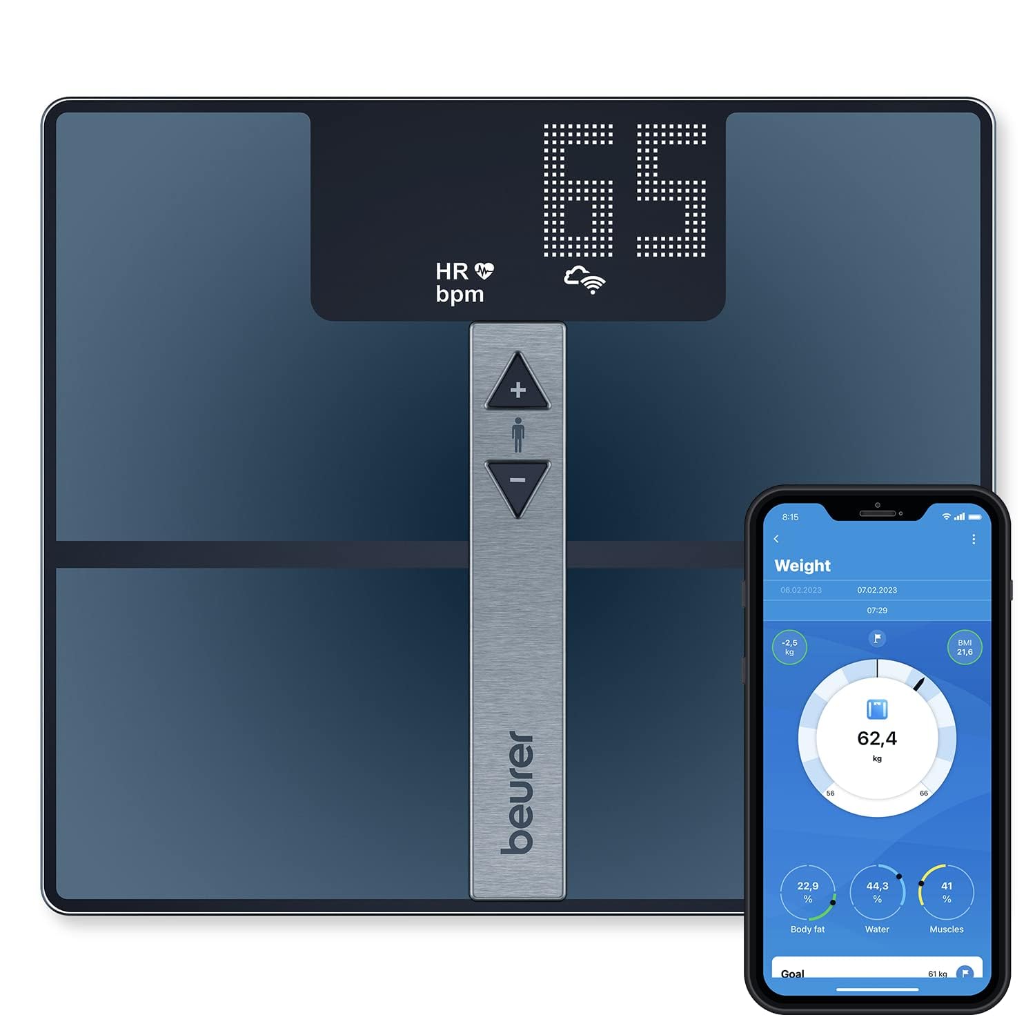 Beurer BF 980 báscula de diagnóstico con WIFI y Bluetooth, registro de análisis y evaluación gráfica de los valores corporales mediante app, medición de la frecuencia cardíaca, batería recargable