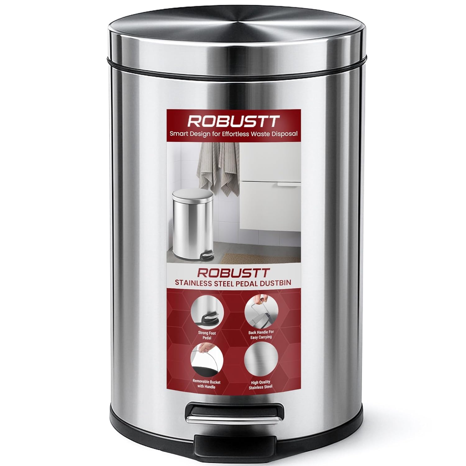 Robustt Dustbin with Pedal - 8L | Silver Stainless Steel trash can | 8 Inch (W) x 12 Inch (H) | Small Trash Can for Bathroom, Bedroom, Toilet, and Kitchen | Durable & Corrosion-Resistant - Pack of 1-picture-18