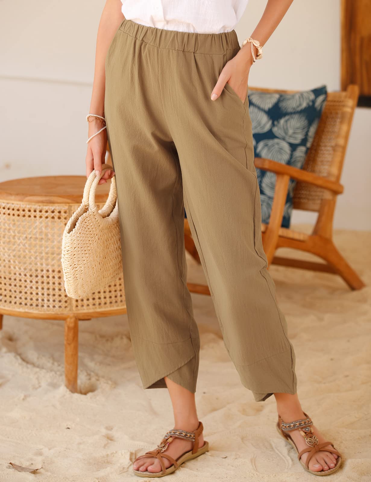 Yuson Girl Pantaloni Donna Pantaloni Estivi Donna Leggeri Pantaloni Larghi Lino Vita Alta Pantalone con Tasche Pantaloni di Svago Panno di Lino da con Fascia Elastica