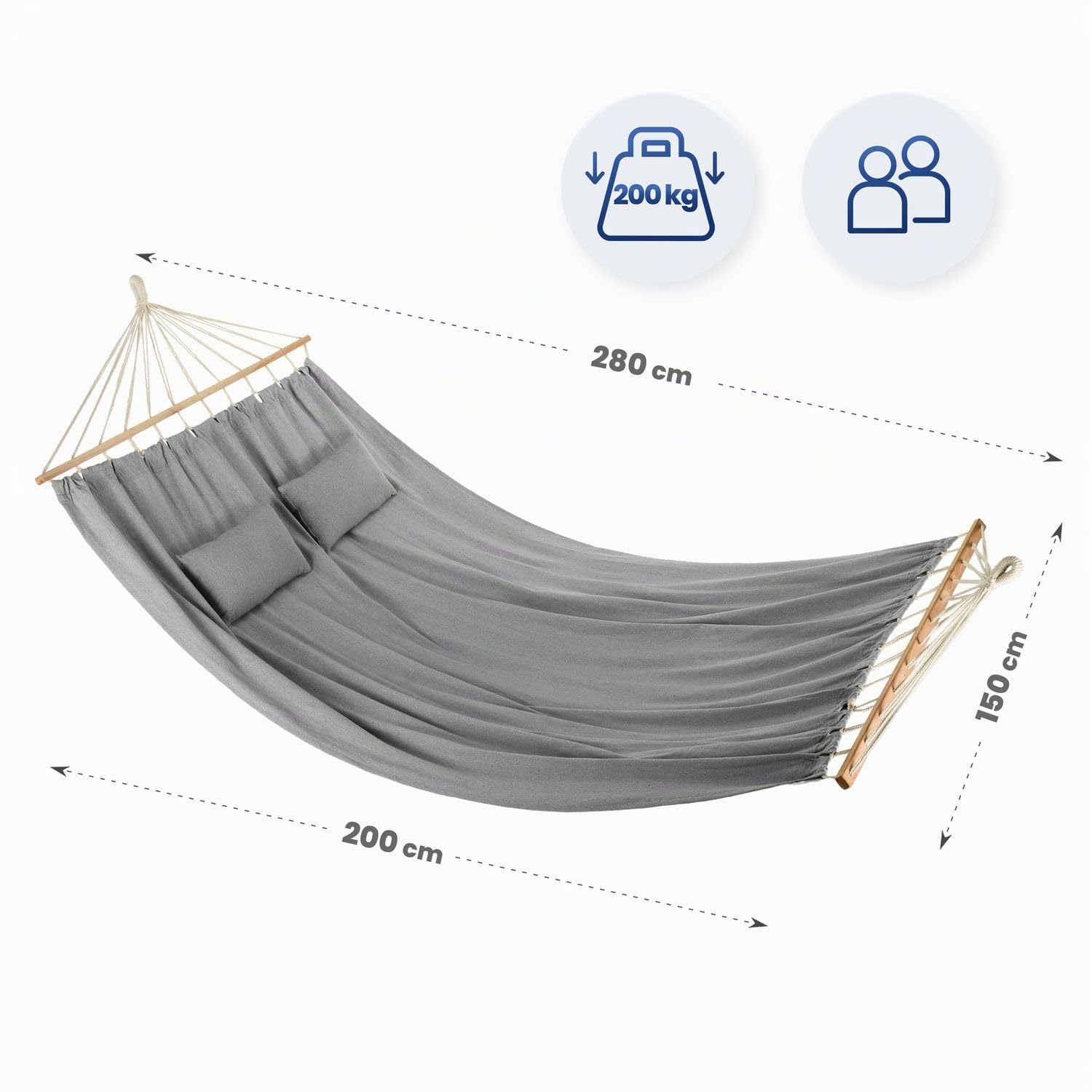 Amaca 200 x 150 cm, fino a 200 kg, per esterni, doppia amaca per 1-2 persone, in cotone con cuscino per giardino, balcone, terrazza, traspirante, per bambini e adulti, grigio