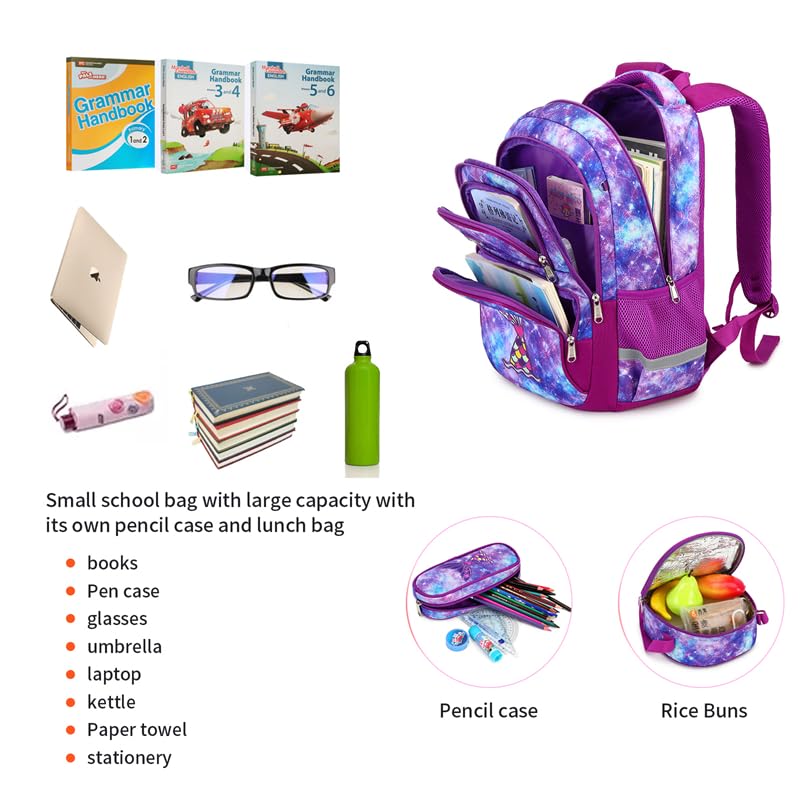 Image of Cusangel Purple Mermaid 3pcs Set with Lunch Box Pencil Case,Multi Compartment Backpack, Dinosaur Backpack Chest Strap Side Pockets 16 Inch