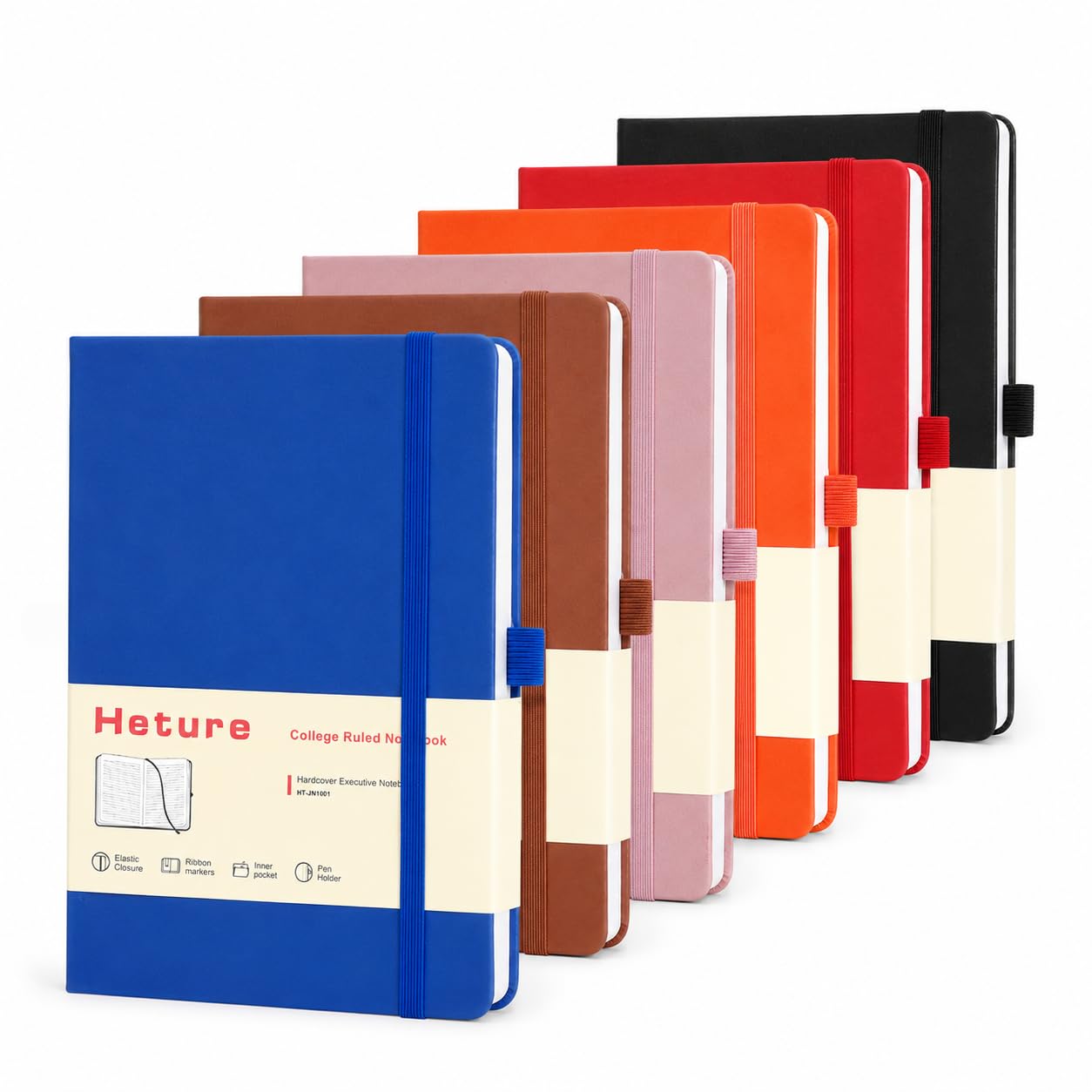 Confezione da 6 quaderni con copertina rigida, formato A5, a righe, per scrivere, lavoro, scuola, carta spessa 100 g/m², 160 pagine, diario a righe universitario con portapenne, tasca interna