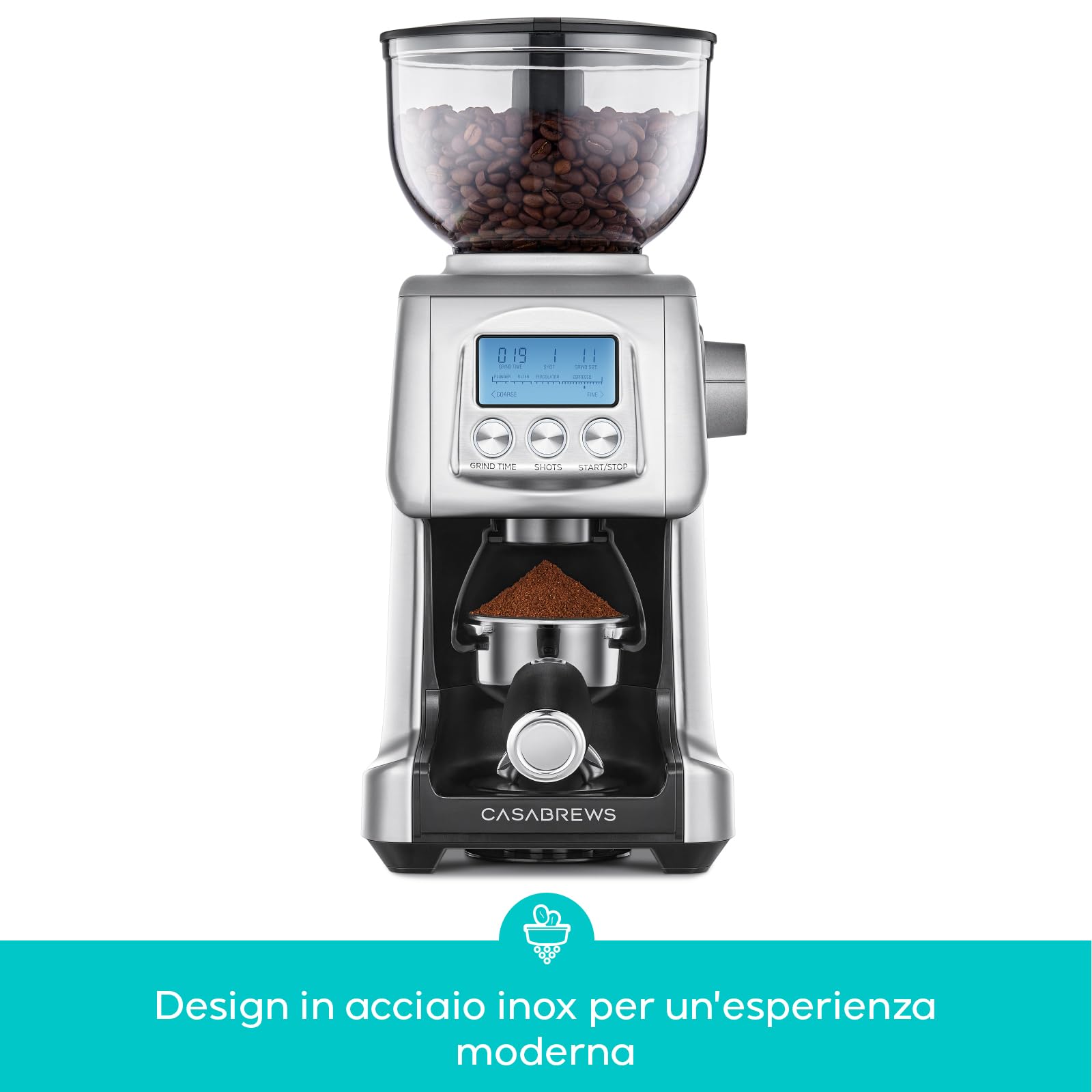 CASABREWS Macinacaffè Elettrico a Cono con 77 Livelli di Macinatura, Display LCD, Contenitore per Chicchi da 400g, Macina Caffè per Espresso, Portafiltro, French Press e Acciaio Inossidabile