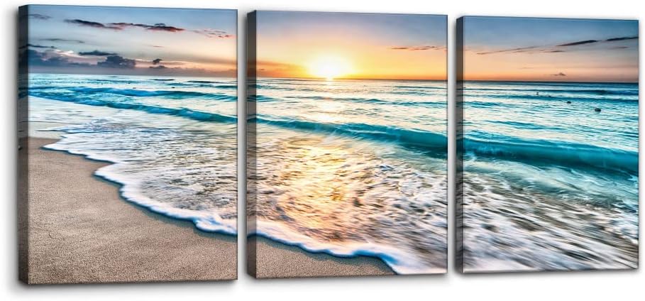 3 Panels Beach Canvas Wall Art for Home Decor Blue Sea Sunset White Beach Painting The Picture Print on Canvas Seascape The Pictures for Home Decor Decoration Ready to Hang - 12" x 16" x 3