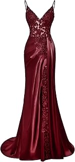 Zeeyecie V-Neck Satin Prom Dresses Lace Applique Spaghetti Straps Mermaid Beaded Evening Formal Ball Gowns with Slit