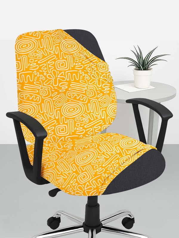 HOTKEI Set of 1 Yellow Abstract Print 2 Pcs Office Chair Cover 200GSM Fabric Stretchable Elastic Polyester Removable Washable Computer Desk Executive Rotating Chair Seat Covers Slipcover Protector