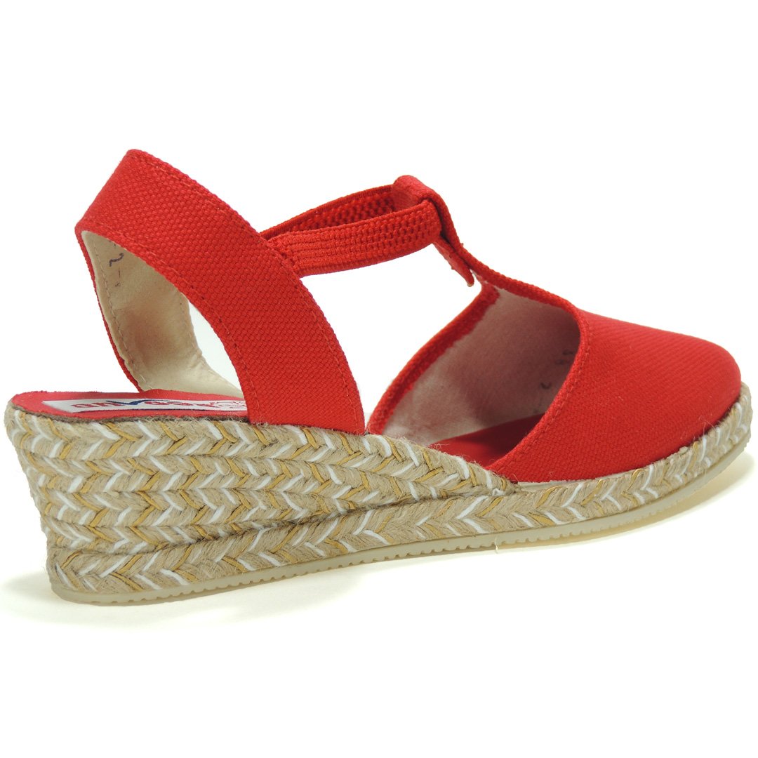 Alpargatas Valencianas Zapatillas para Mujer. Marca ANVESA 419. Cuña de Esparto Cáñamo y Yute - Marca Sevillas - Ajuste con Elástico Rojo Talla 39