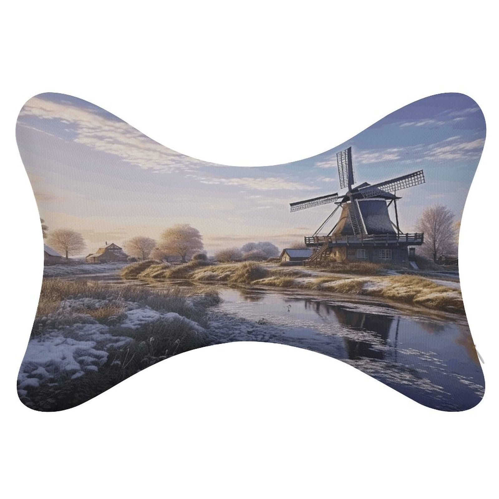 FekiLoot Landscape with A Traditional Windmill Car Headrest Set of 2,Softness Memory Foam Car Neck Pillow with Breathable Removable Cover Car Neck Support Pillow Ergonomic for Driving, Office