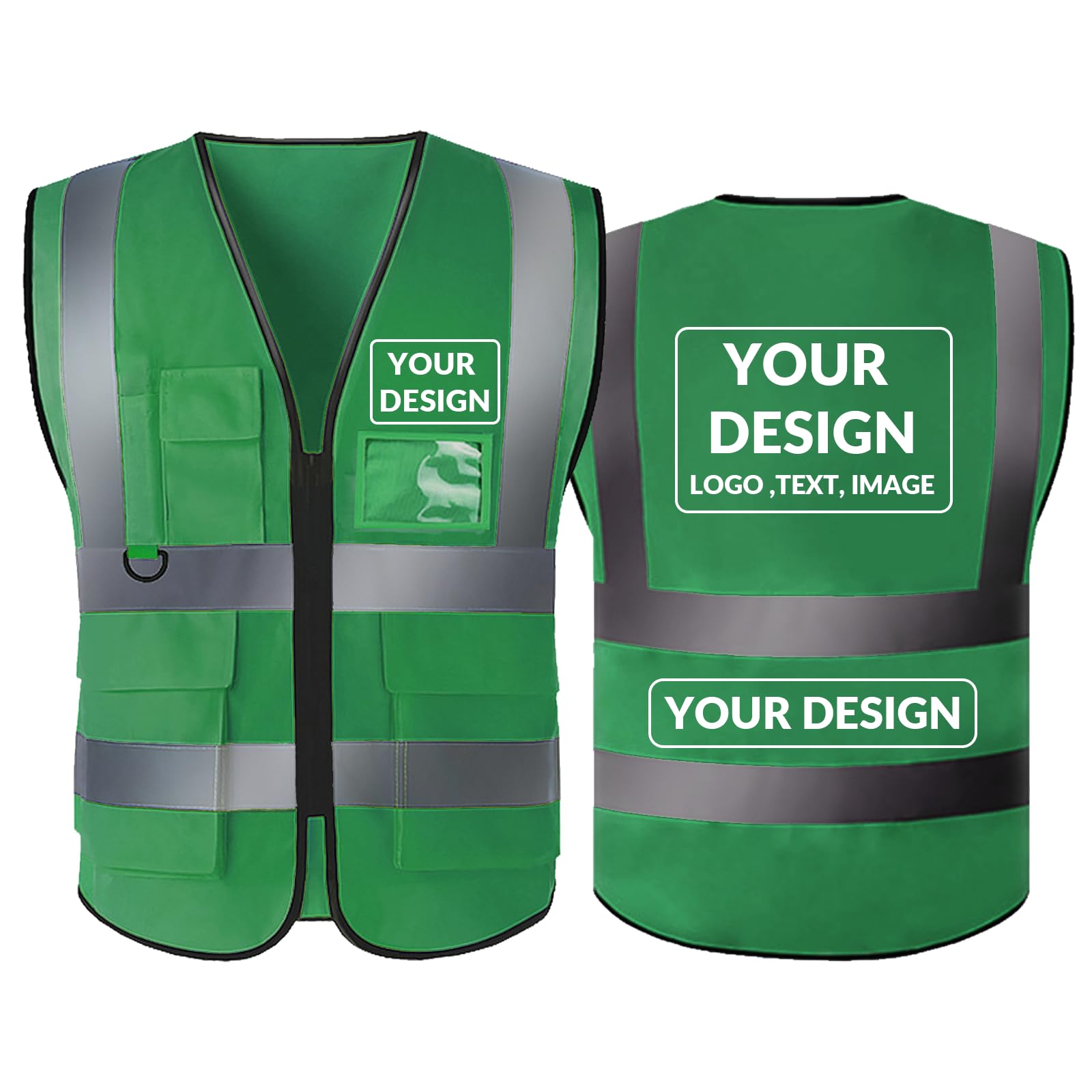 Hi Vis Customized Vest with Logo, Class 2 Personalized High Visibility Reflective Vestwith 5 Pockets and Zipper (001Green, L) โ image 1