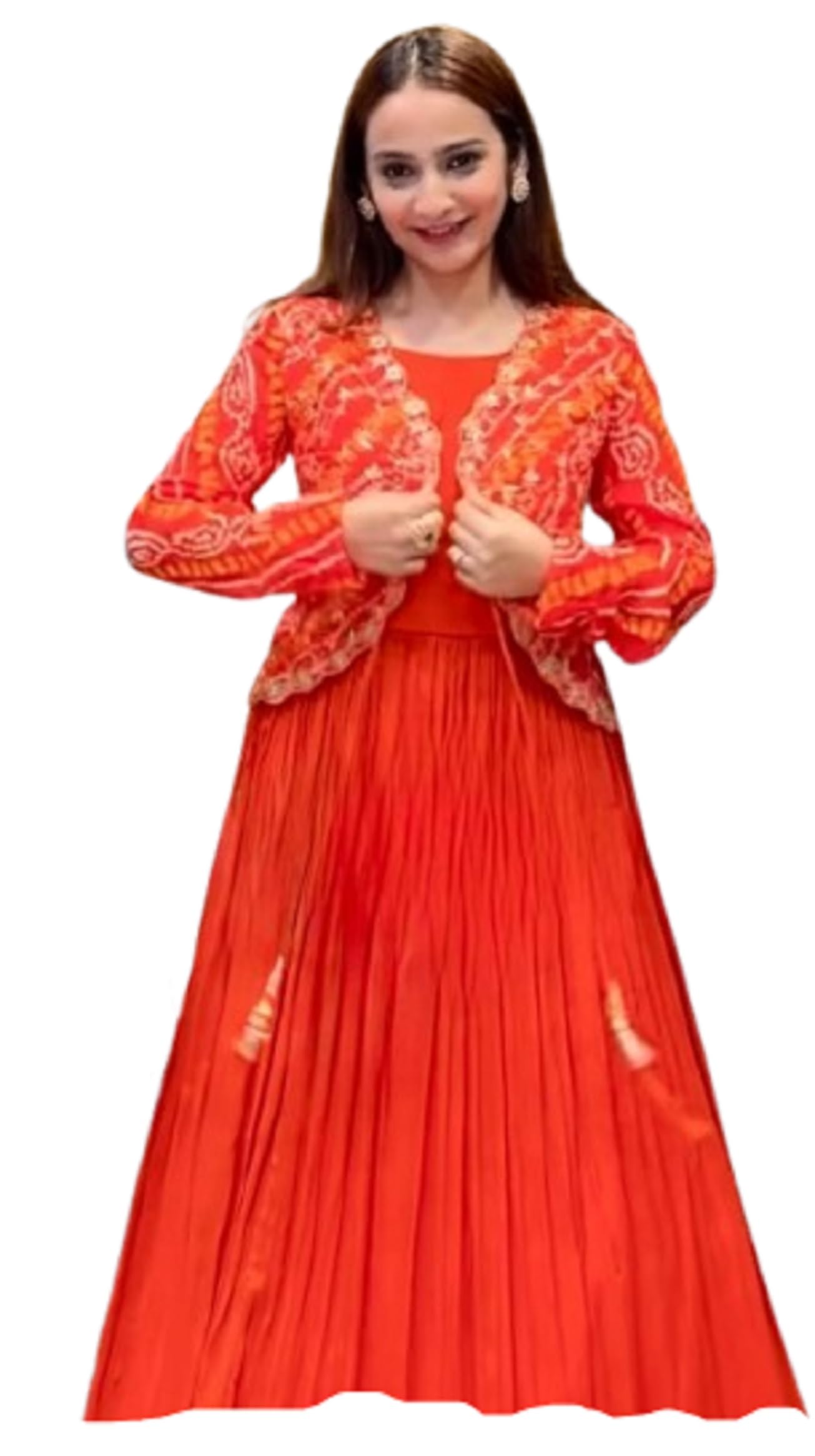 Gown for Women Wedding Party Orange Colour Heavy Bandhni Silk Fabric with Sequins Embroidey Work