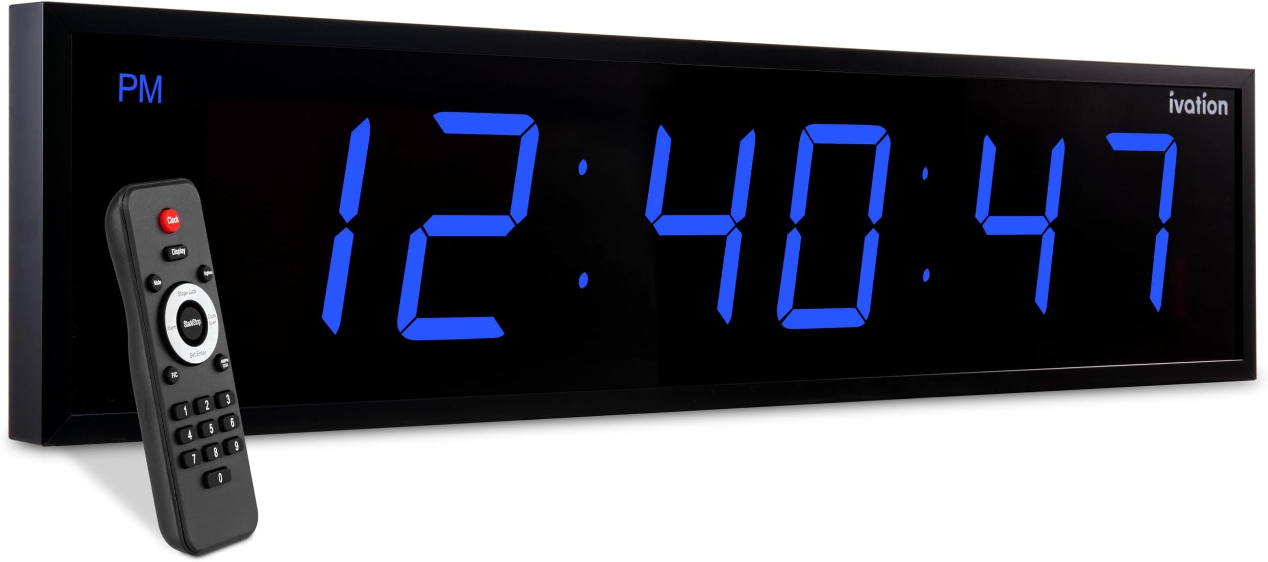 Huge Oversized 48" Large Digital LED Clock | Big Digital Clock w/Multi-Function Display – Stopwatch, Timer, Alarms, Temp & Date | 6 Brightness Levels, Time Memory & Remote (Blue)