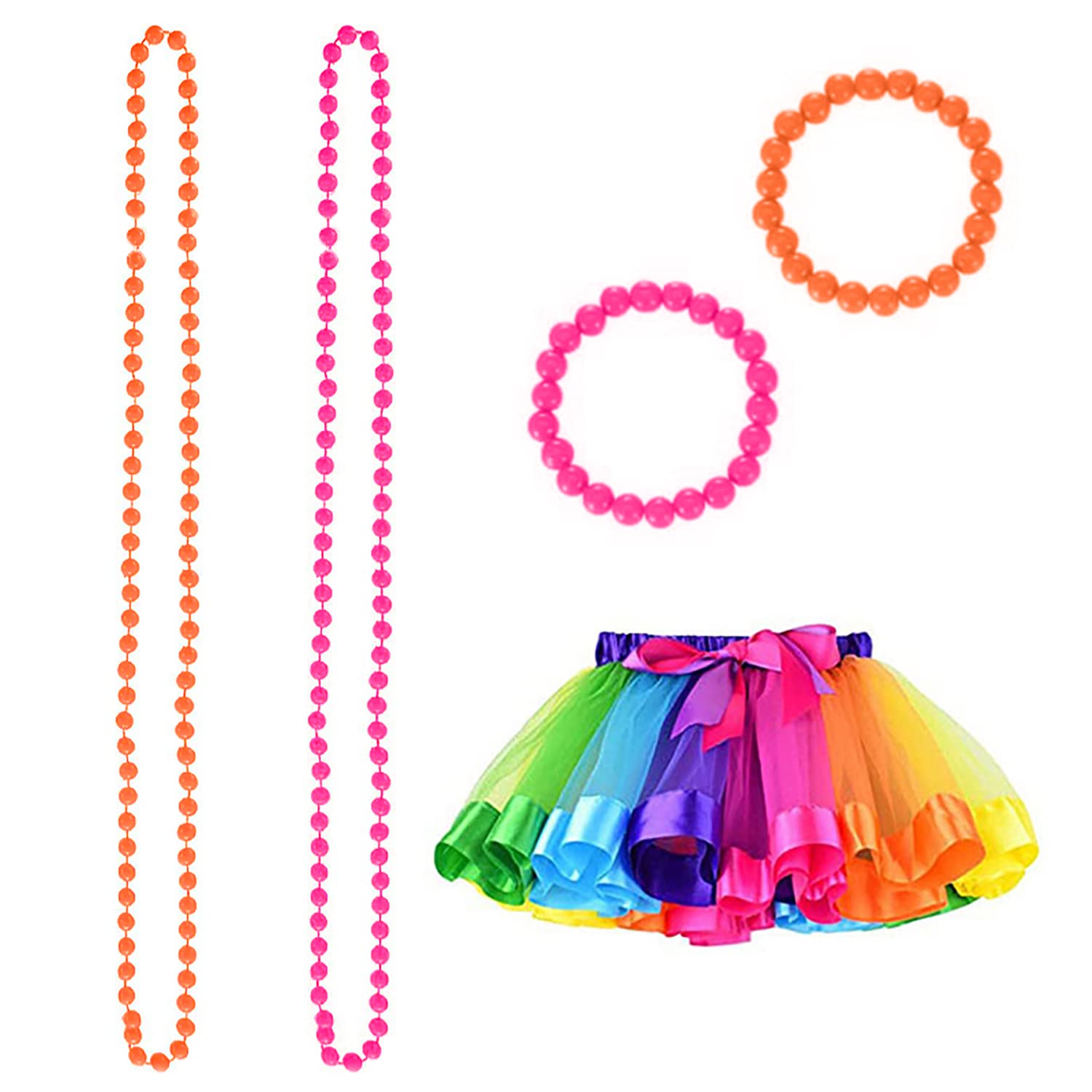 1-Pack Colorful Tutu, 80's Clothing Accessory Set, Neon Necklace, Bracelet, Women's Tutu for Makeup Party, Show, Bar, Band Performance