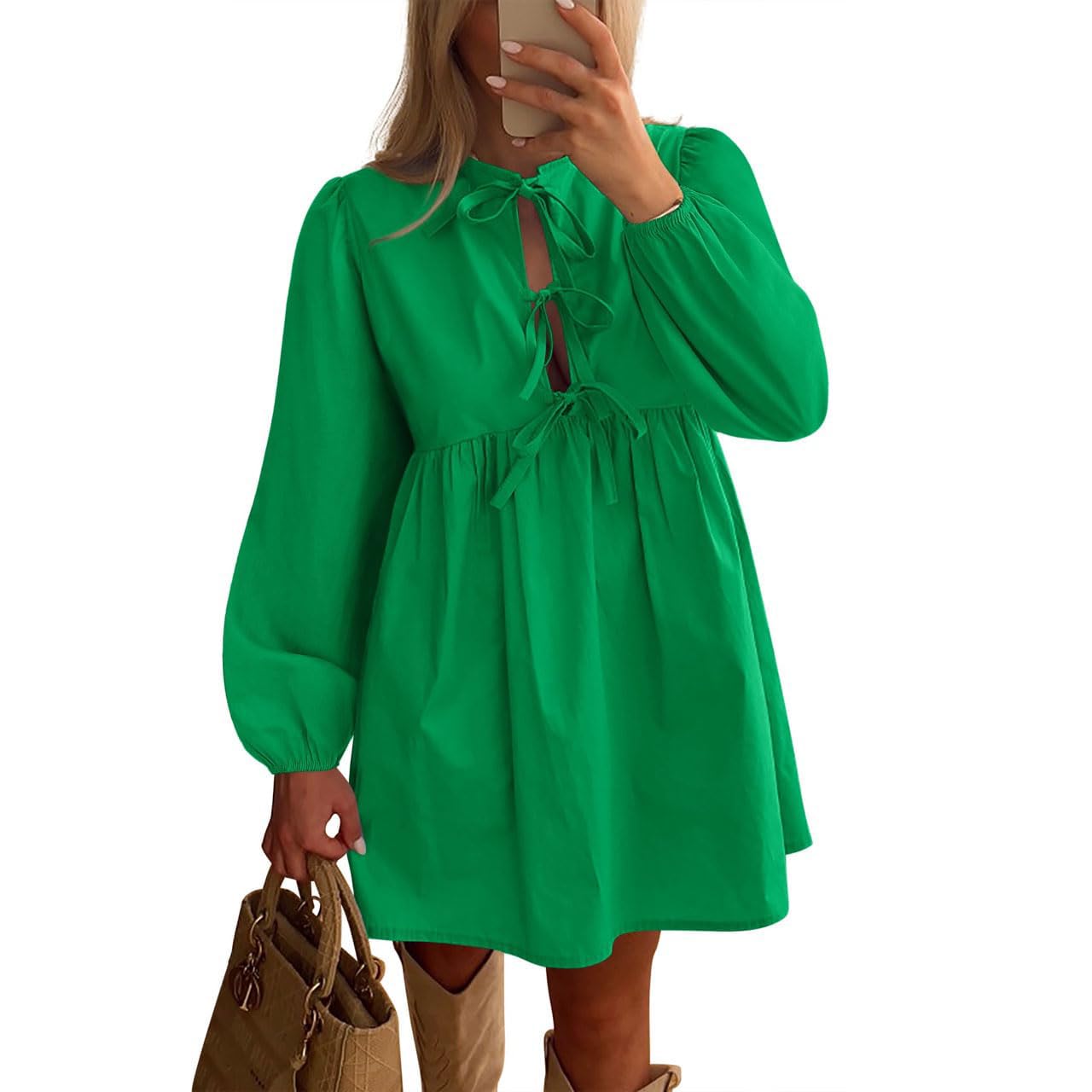 Robe Mini péplum à Manches Longues Bouffantes et nœud Papillon sur Le Devant pour Femme, Robes d'automne,Robe Courte à Volants en Ligne A, Robe Tunique Fluide Mignonne (Green,L)