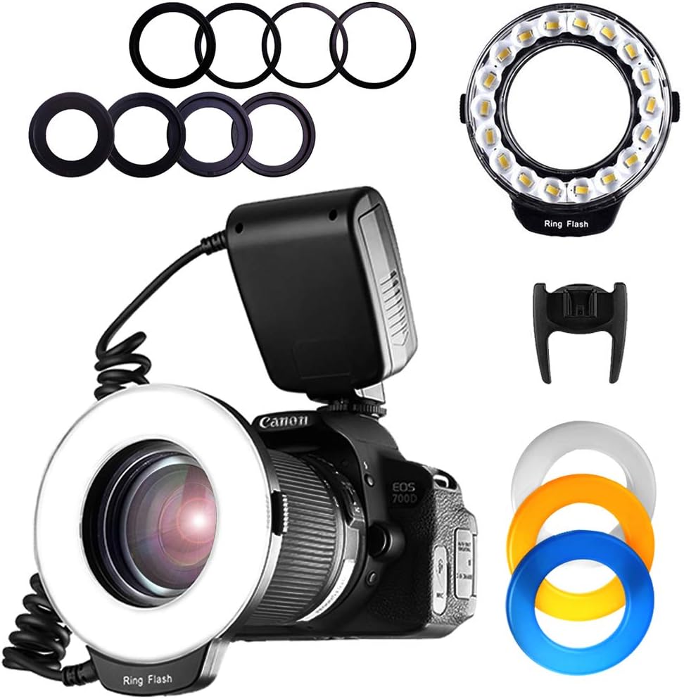 SAMTIAN Macro Ring Flash Photography with 18pcs SMD LED Light, with LCD Display for Canon Nikon Sony Panasonic Olympus and Other DSLR Camera