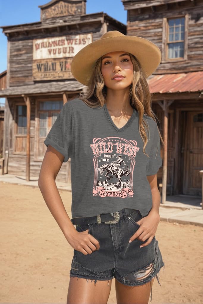Cowboy Shirts for Women V Neck Vintage Rodeo T Shirt Western Fashion Graphic Short Sleeve Tee Tops - Image 3